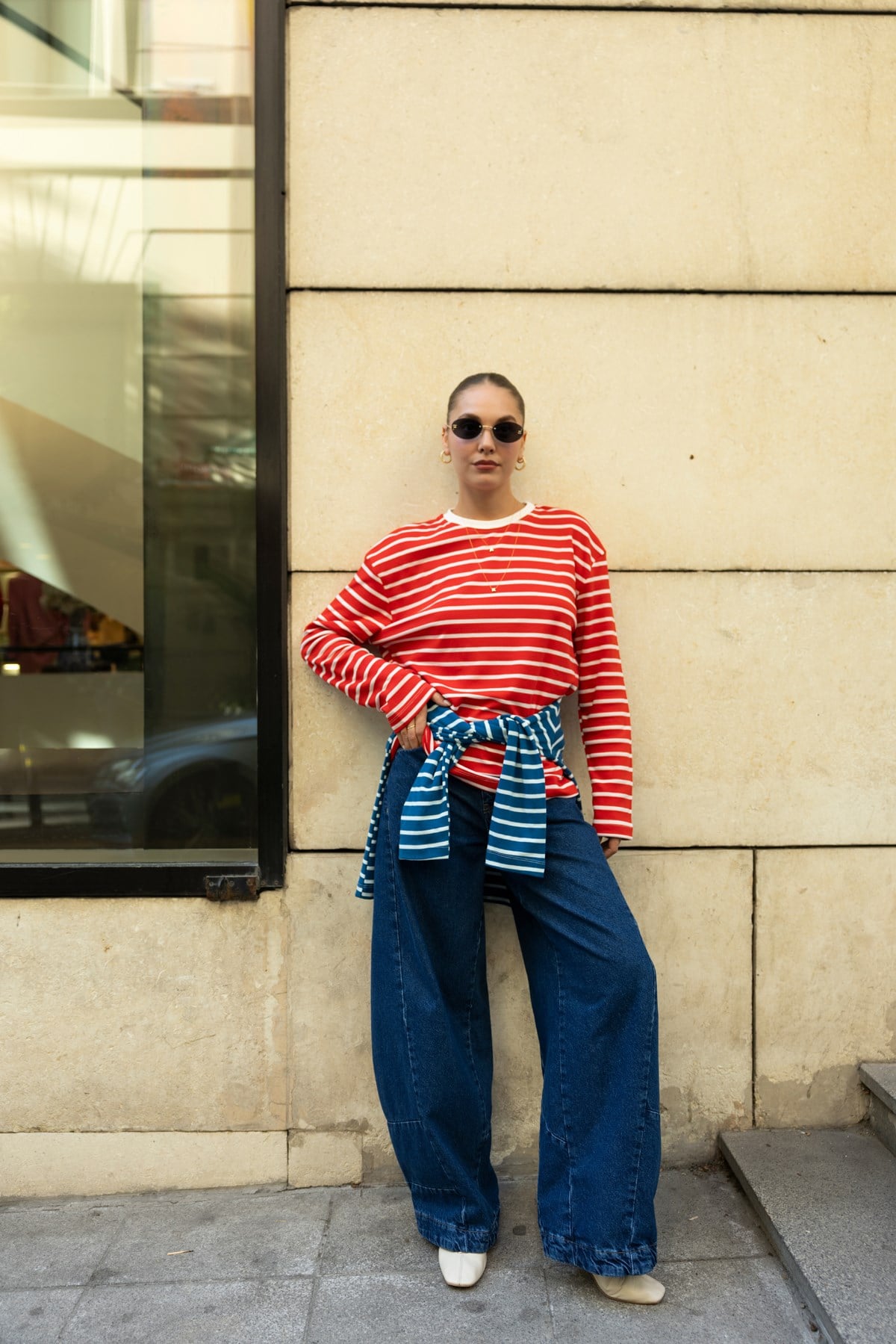 Kırmızı Bisiklet Yaka Çizgil Oversize Sweat