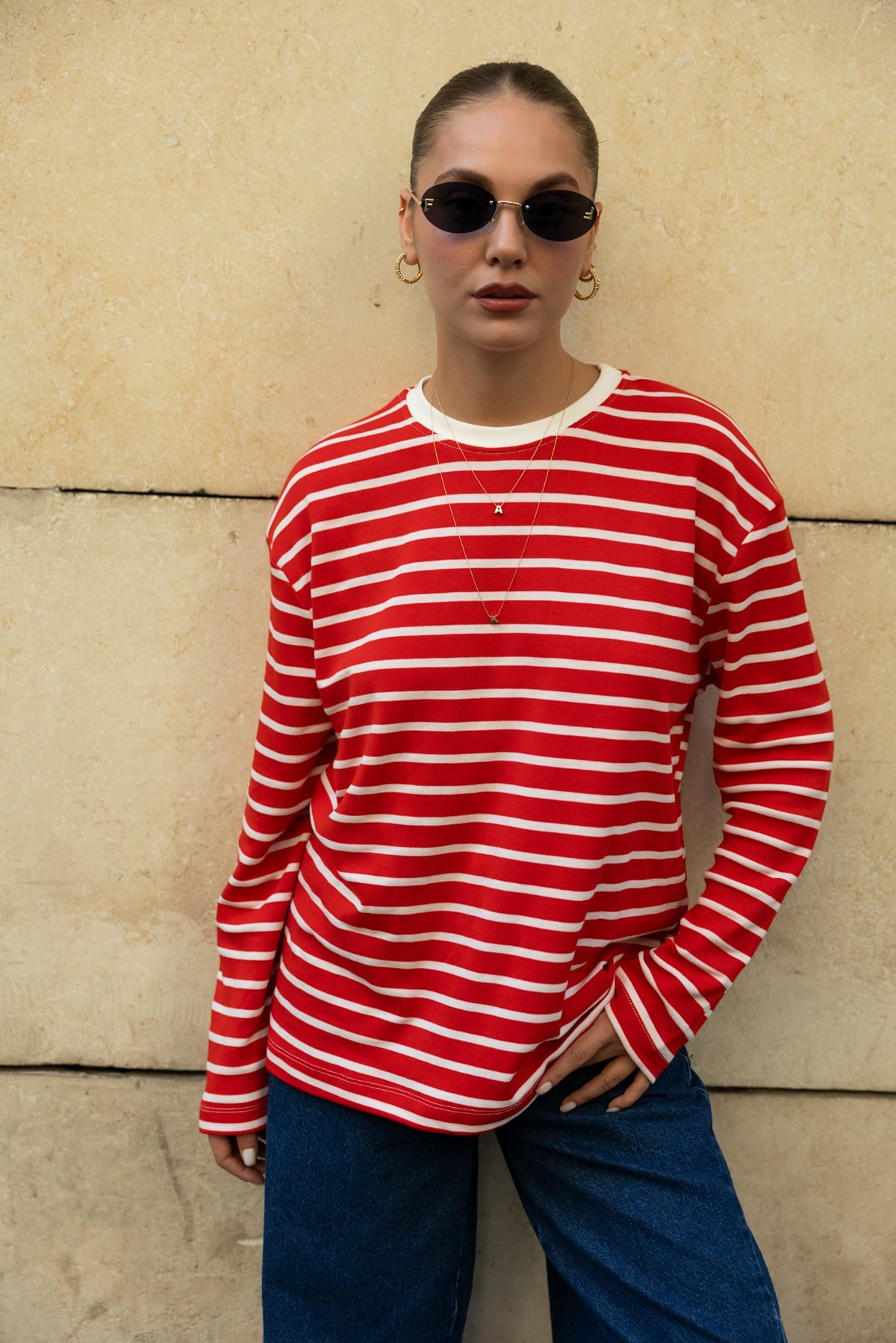 Kırmızı Bisiklet Yaka Çizgil Oversize Sweat