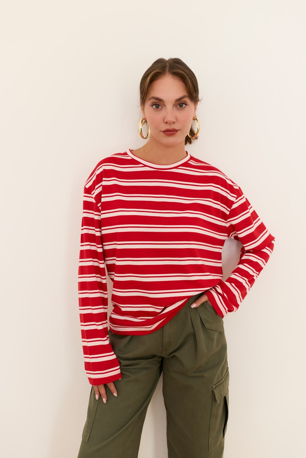 Kırmızı Bisiklet Yaka Çizgili Oversize T-Shirt