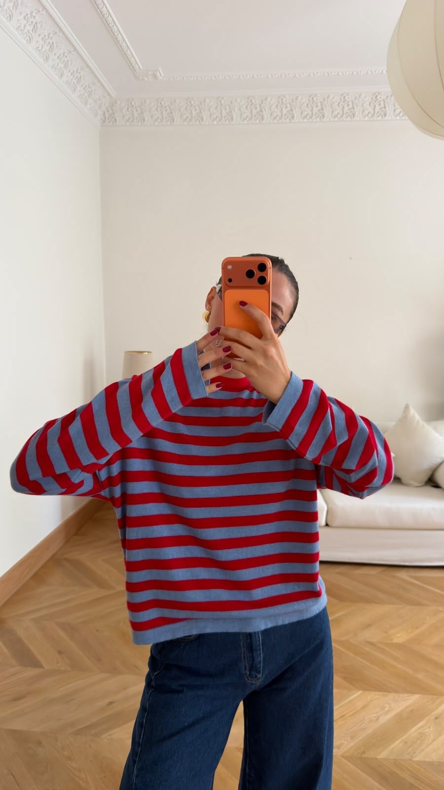 Kırmızı Bisiklet Yaka Çizgili Oversize Triko