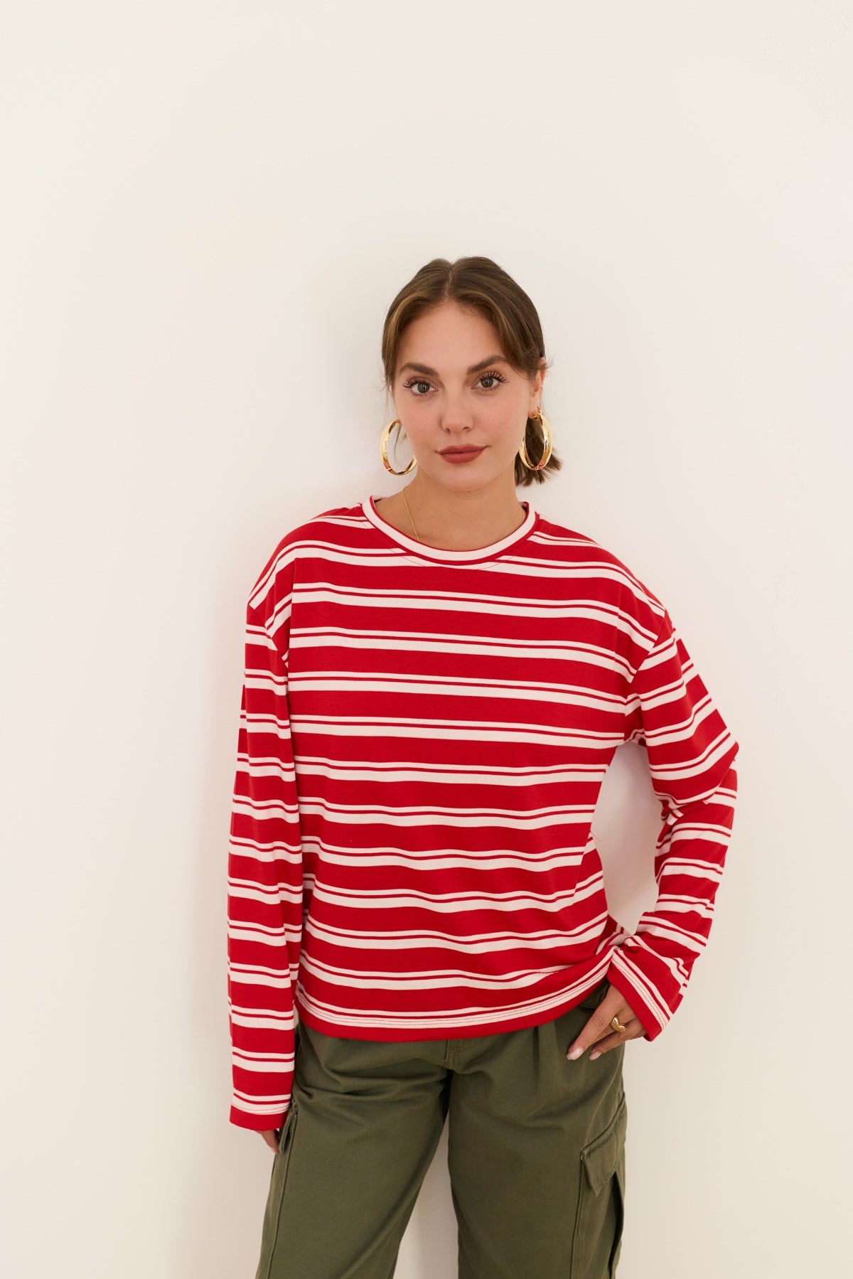 Kırmızı Bisiklet Yaka Çizgili Oversize T-Shirt