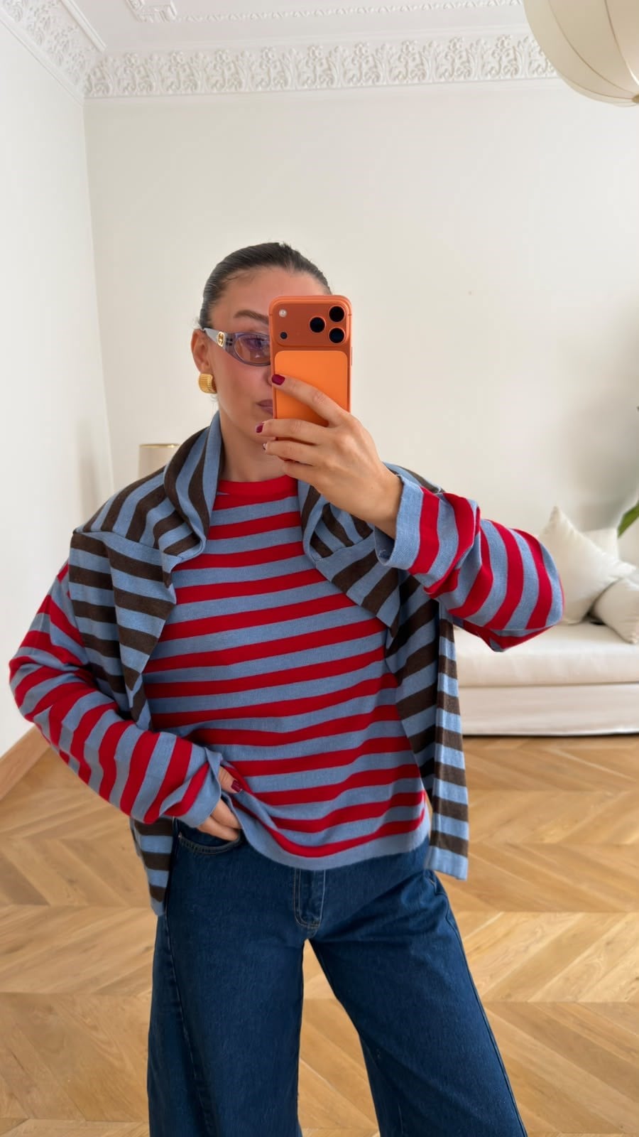 Kırmızı Bisiklet Yaka Çizgili Oversize Triko