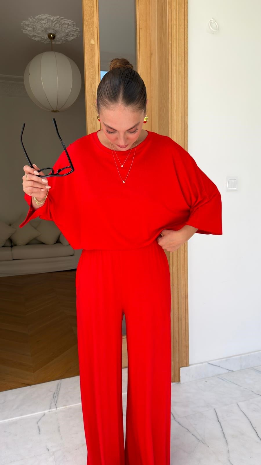 Kırmızı Crop Panço Bluz Pantolon Eşofman Takım