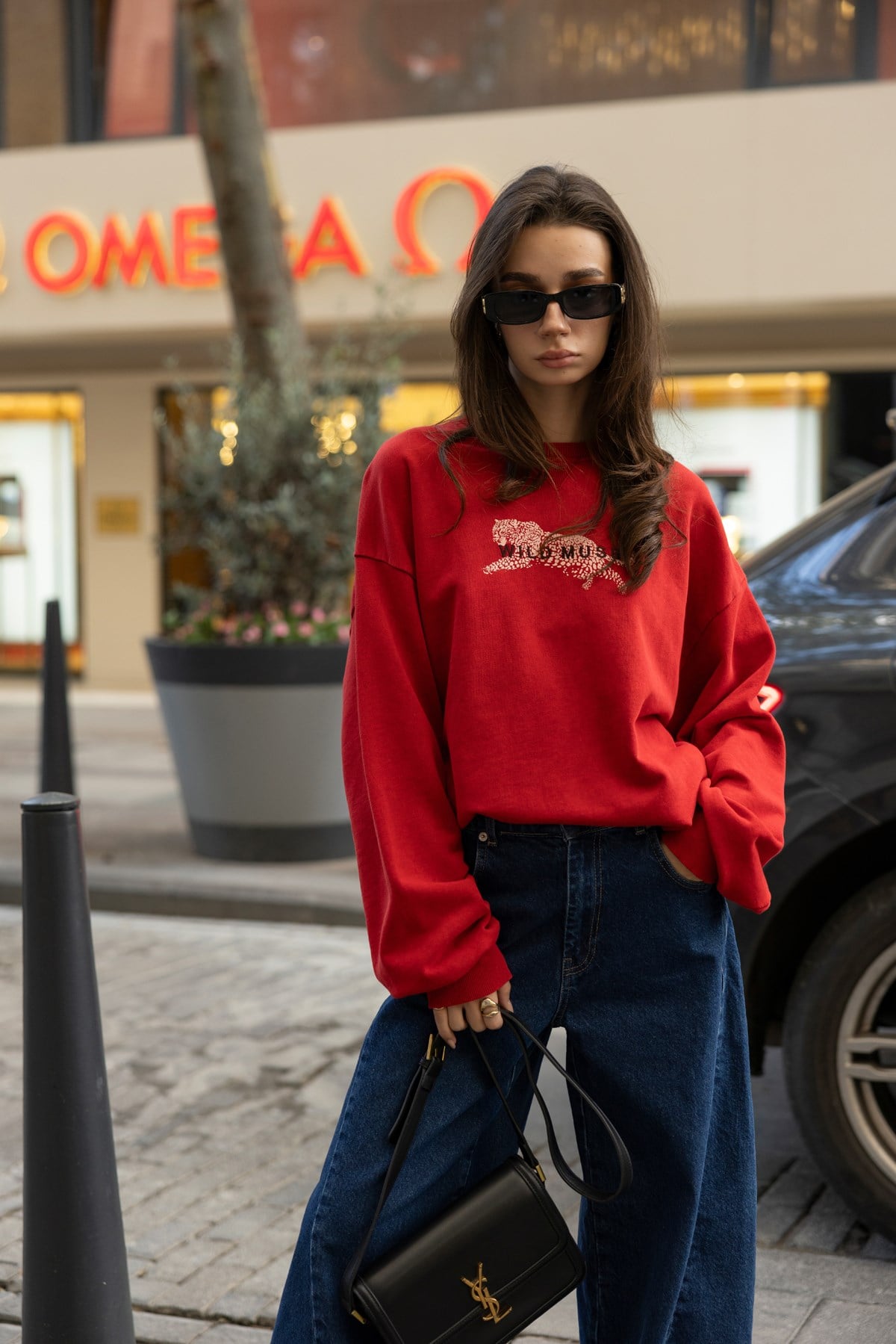 Kırmızı Leopar Baskı Detaylı Oversize SweatShirt