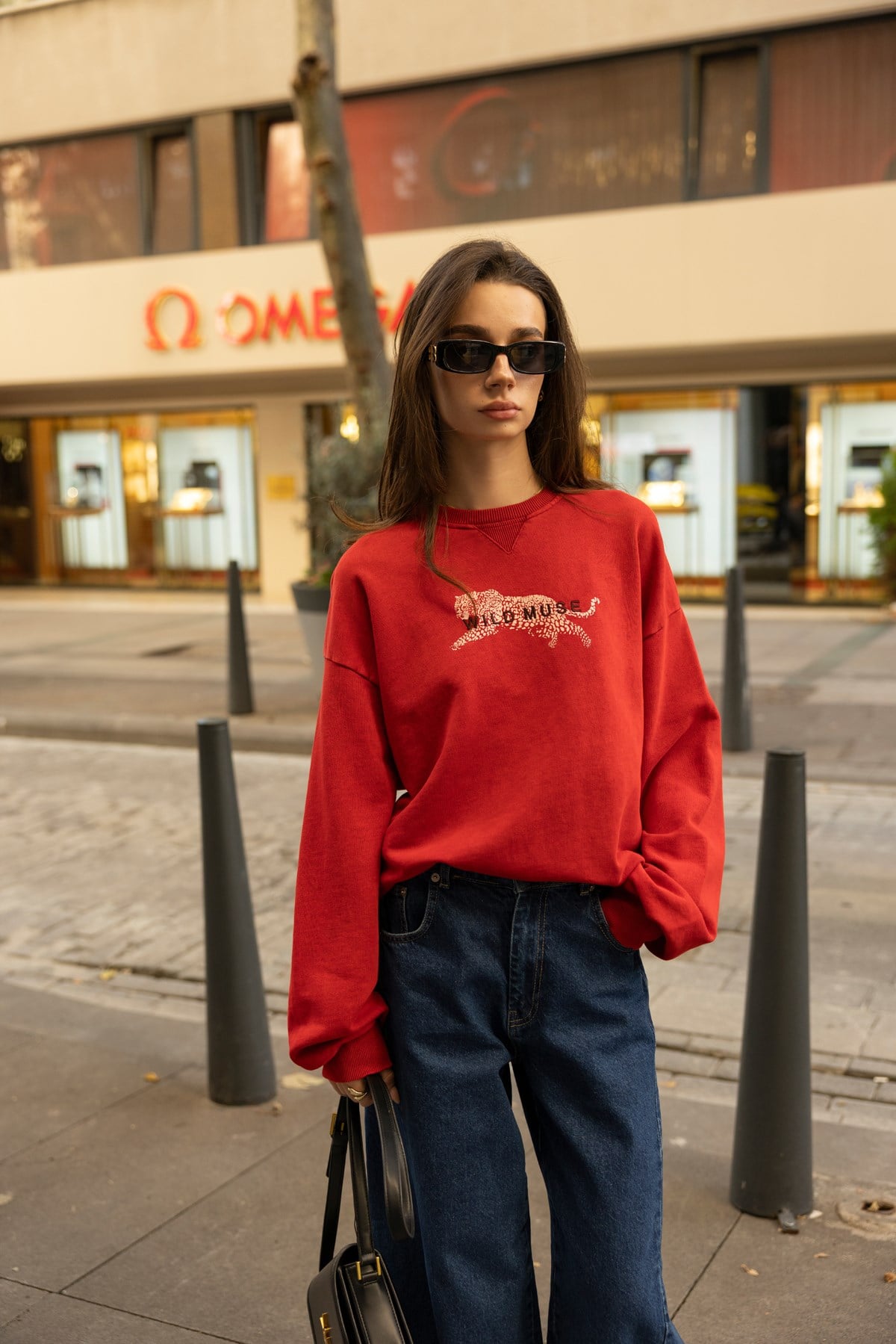 Kırmızı Leopar Baskı Detaylı Oversize SweatShirt
