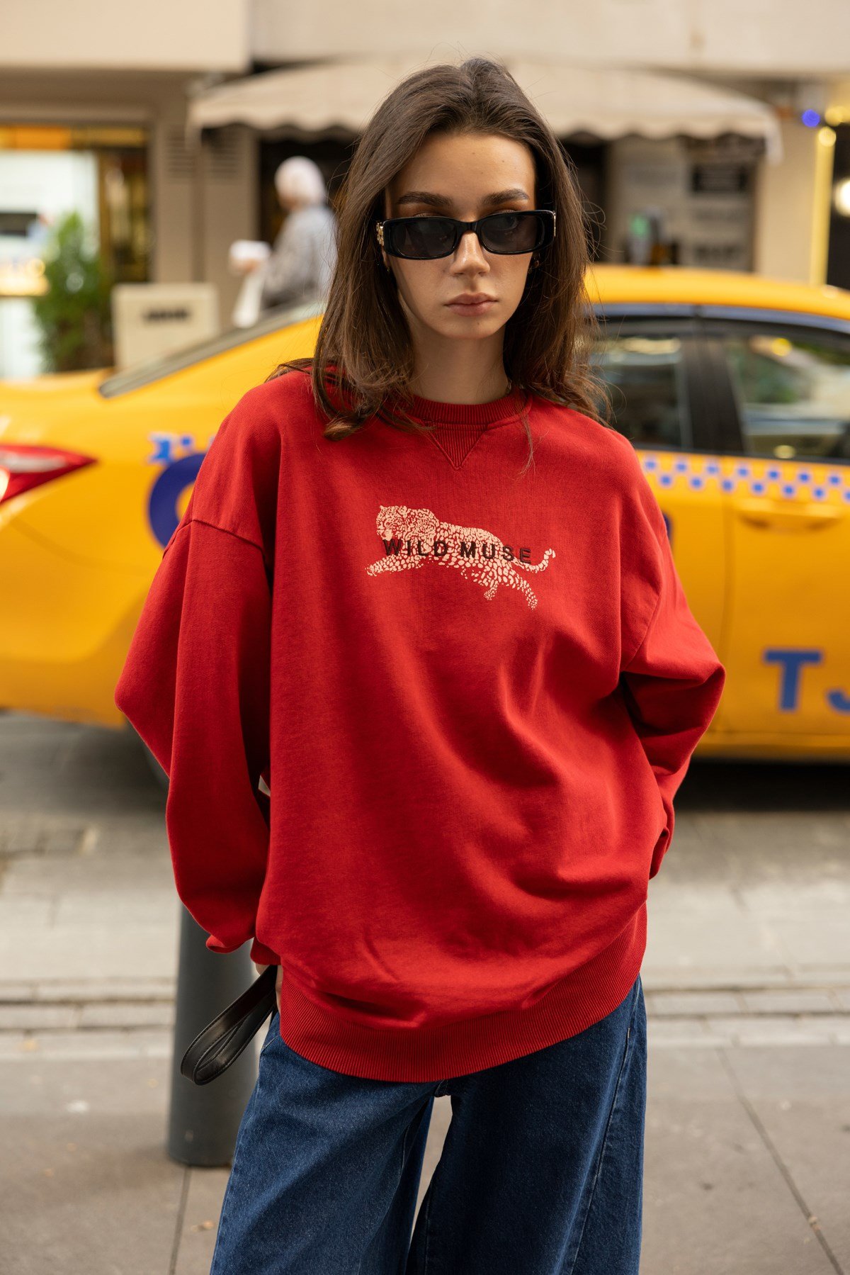 Kırmızı Leopar Baskı Detaylı Oversize SweatShirt