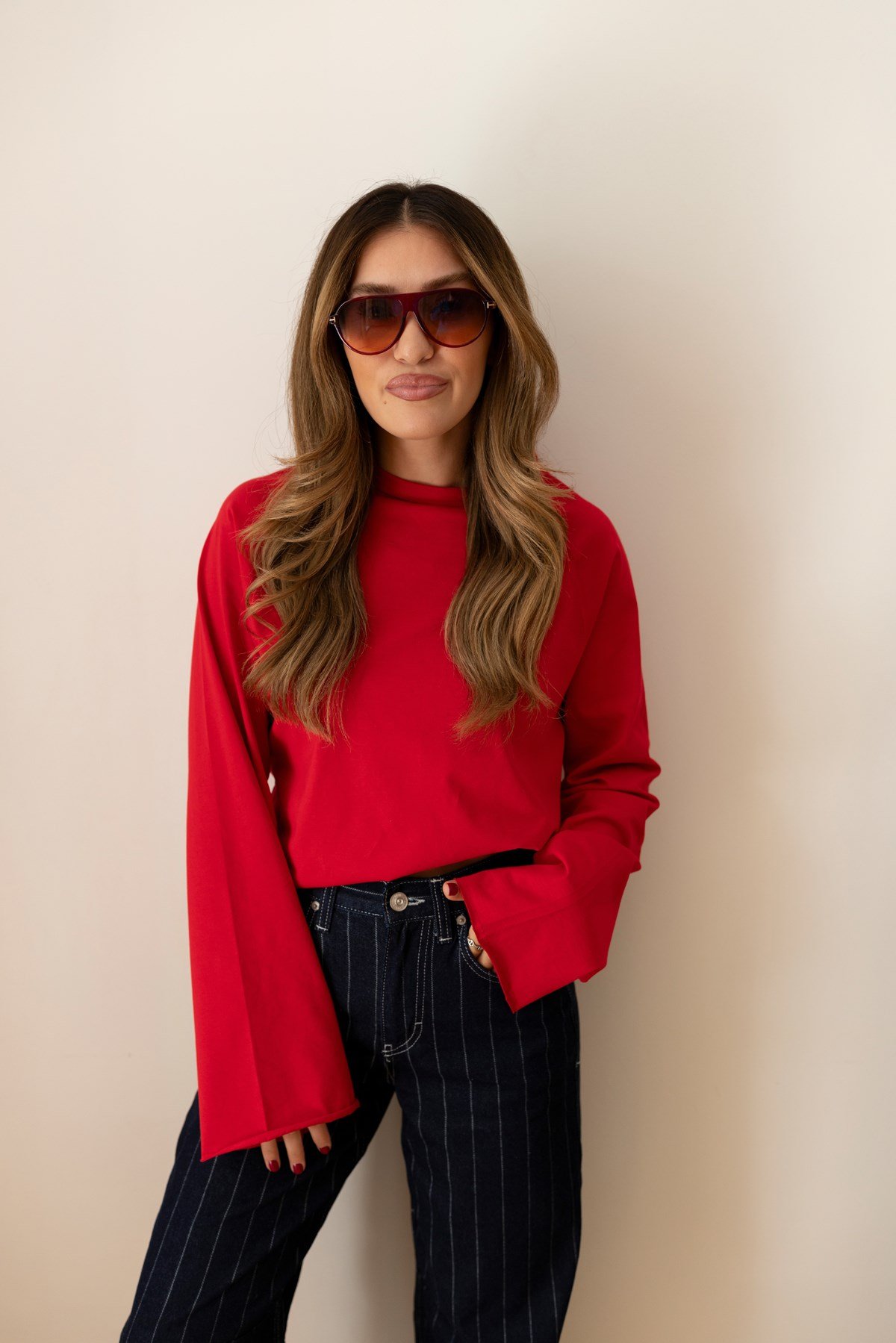 Kırmızı Oversize İspanyol Kol Basic T-Shirt