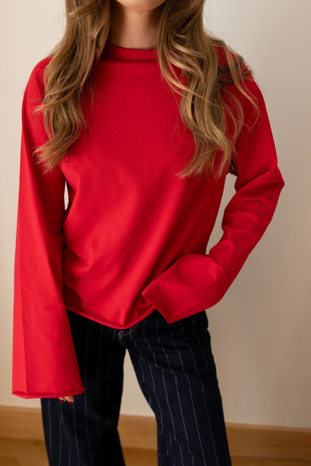 Kırmızı Oversize İspanyol Kol Basic T-Shirt