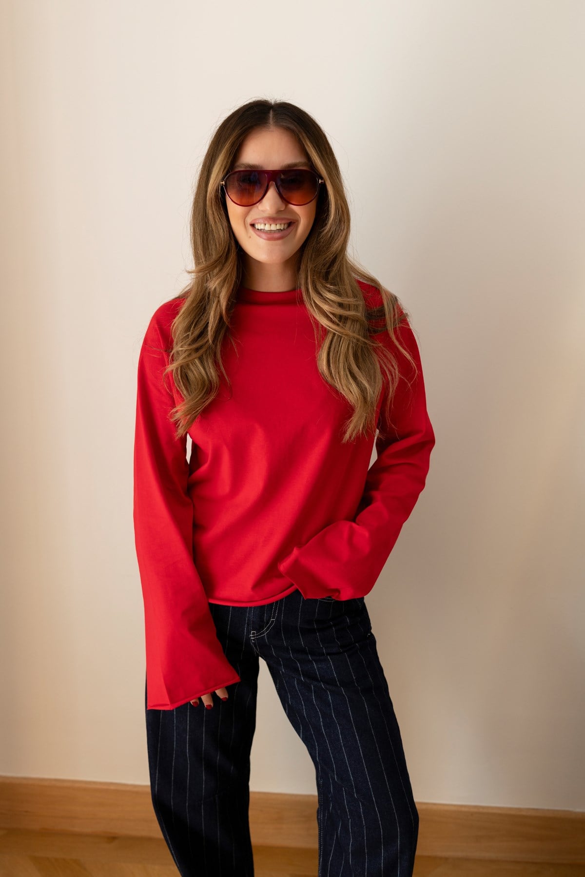 Kırmızı Oversize İspanyol Kol Basic T-Shirt