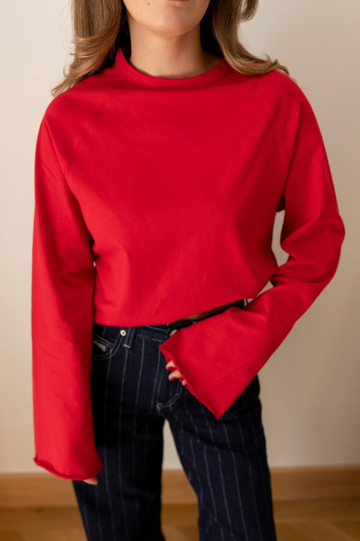 Kırmızı Oversize İspanyol Kol Basic T-Shirt