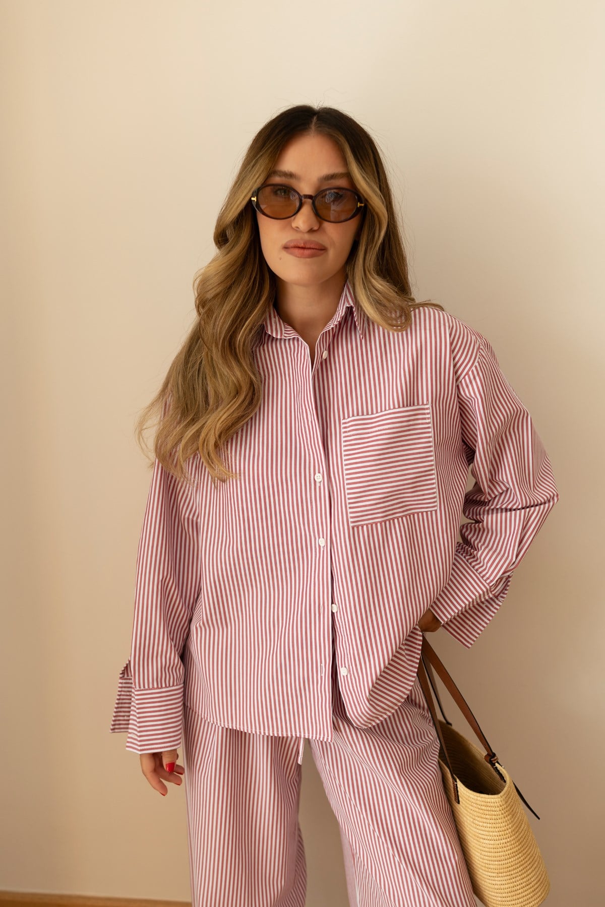 Kırmızı TeK Cepli Çizgili Oversize Gömlek