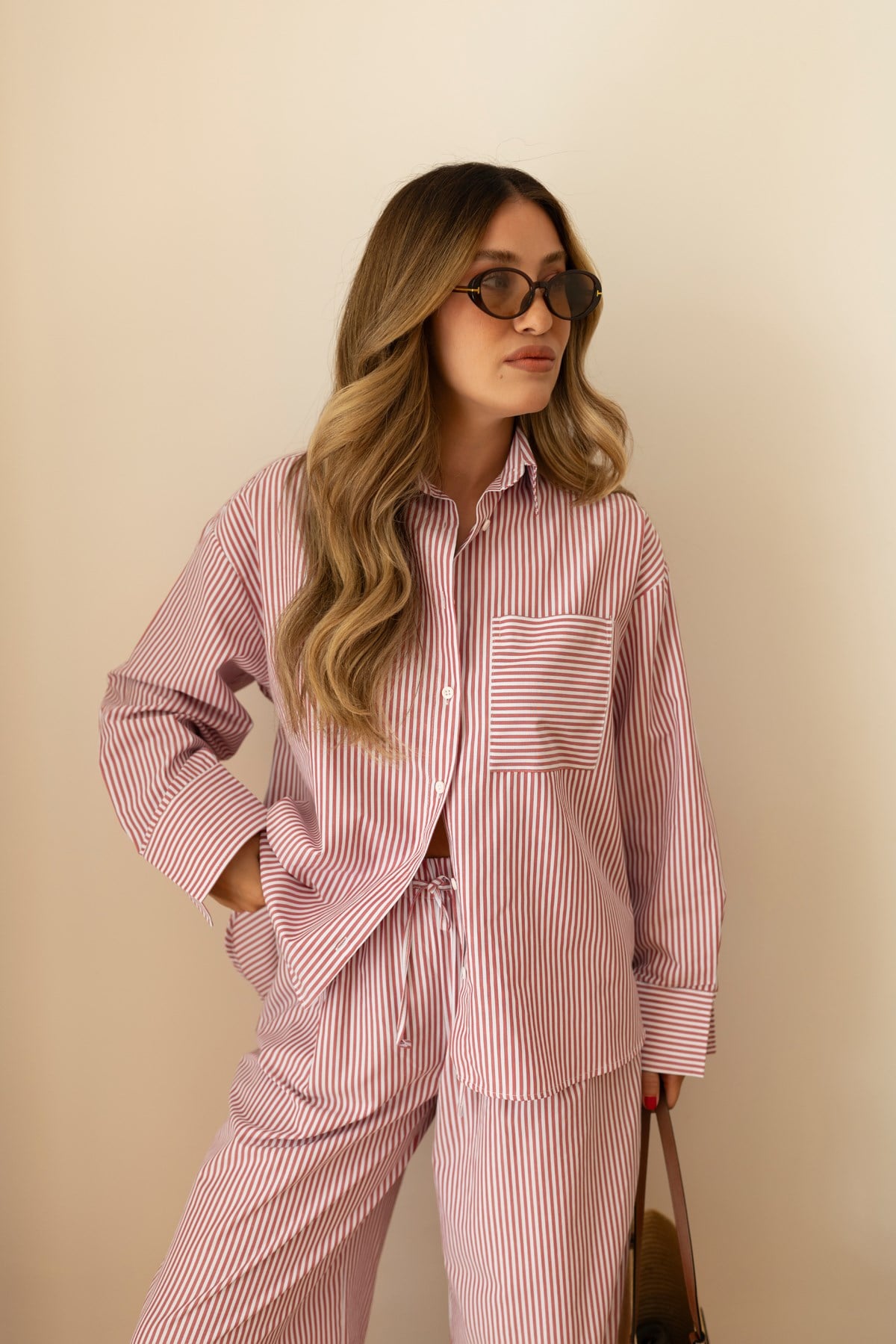 Kırmızı TeK Cepli Çizgili Oversize Gömlek