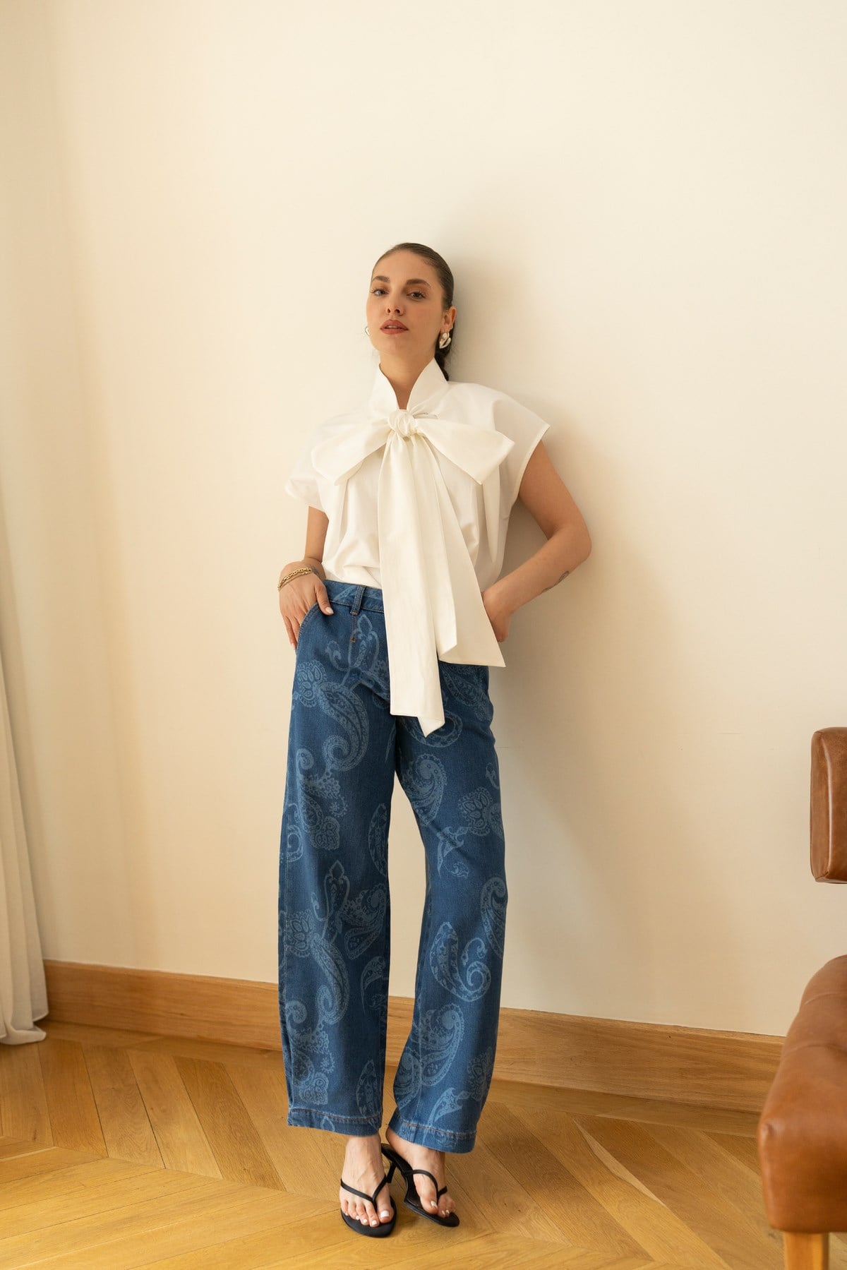 Klasik Jean Rengi Etnik Desenli Likralı Jean Pantolon