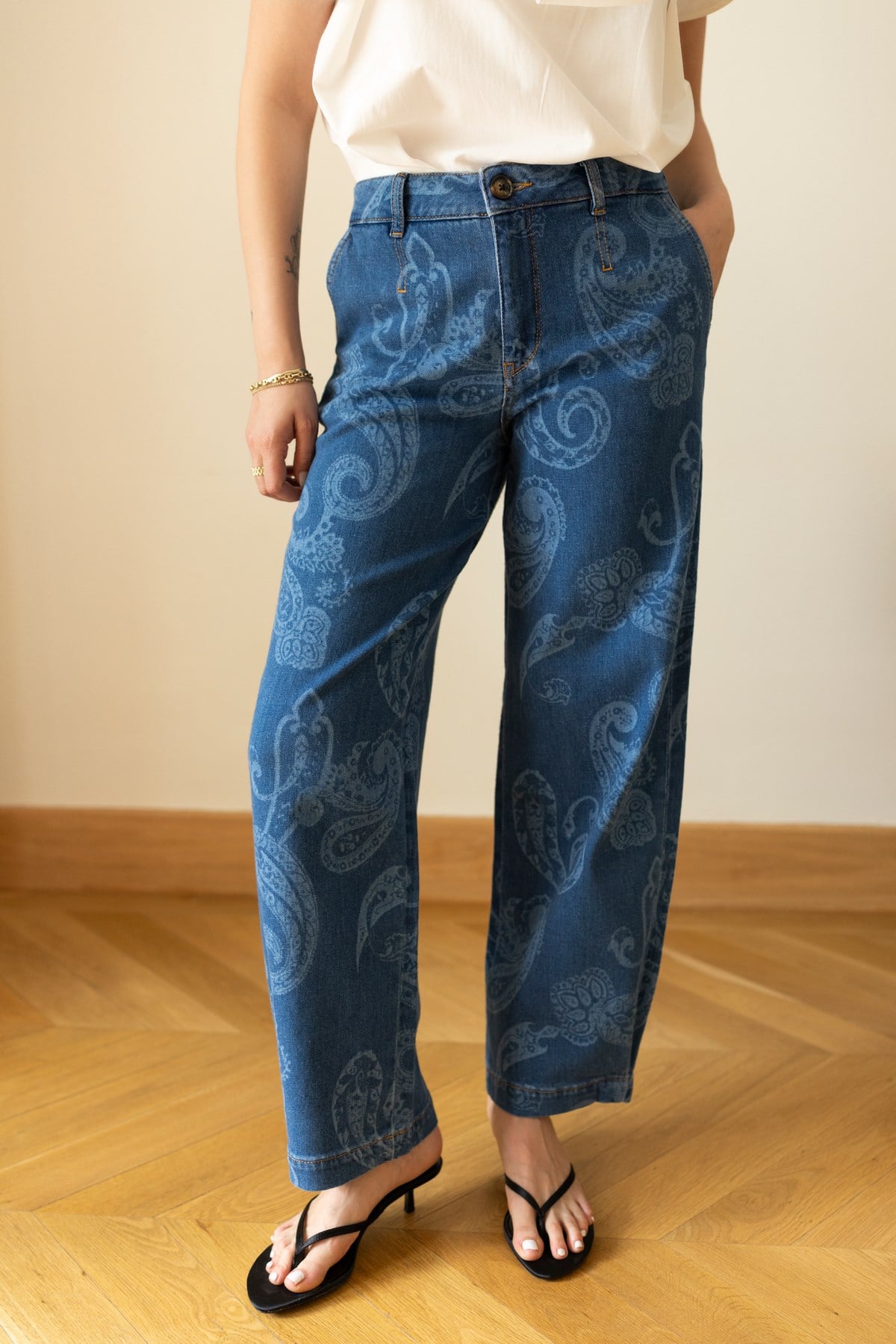 Klasik Jean Rengi Etnik Desenli Likralı Jean Pantolon