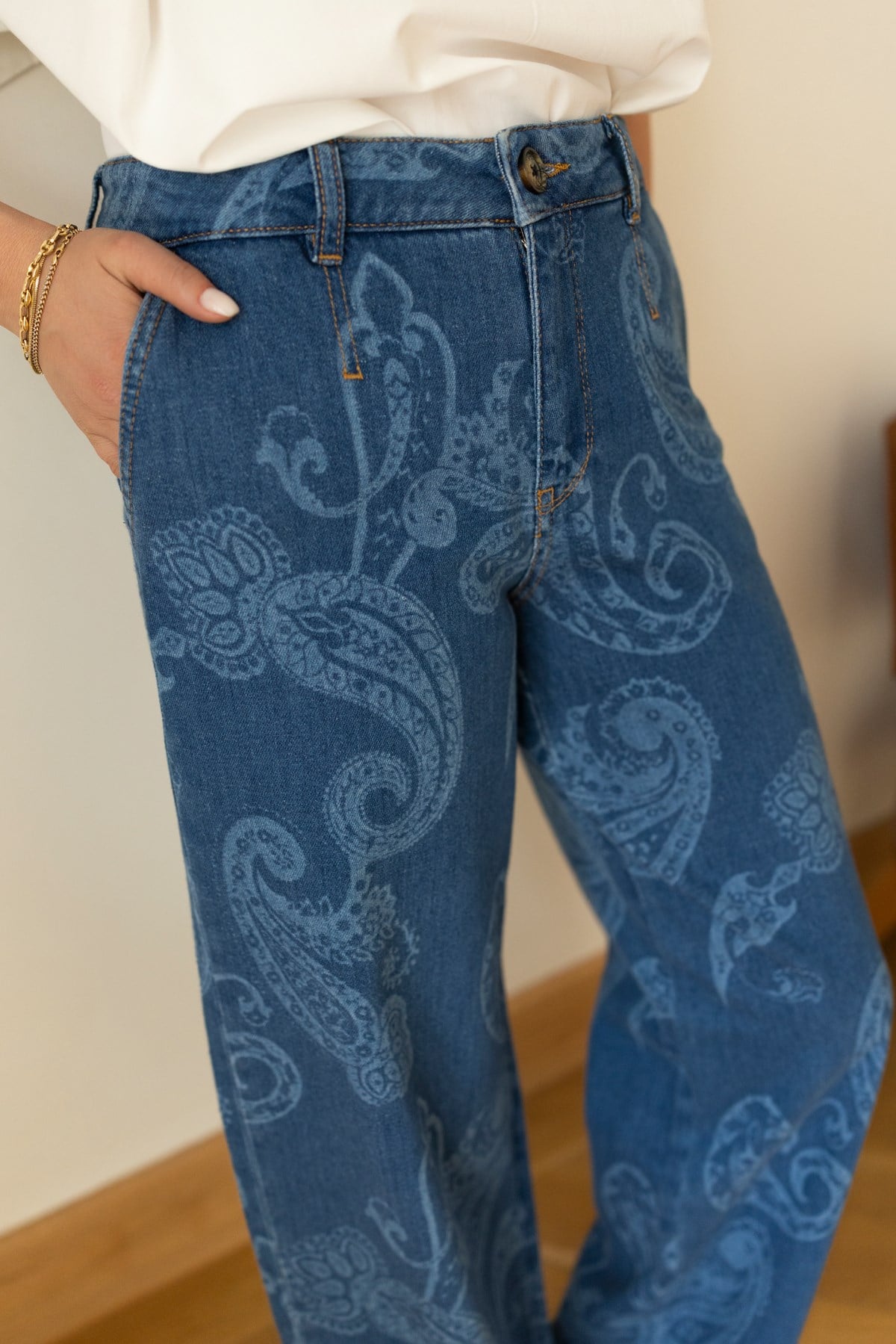 Klasik Jean Rengi Etnik Desenli Likralı Jean Pantolon