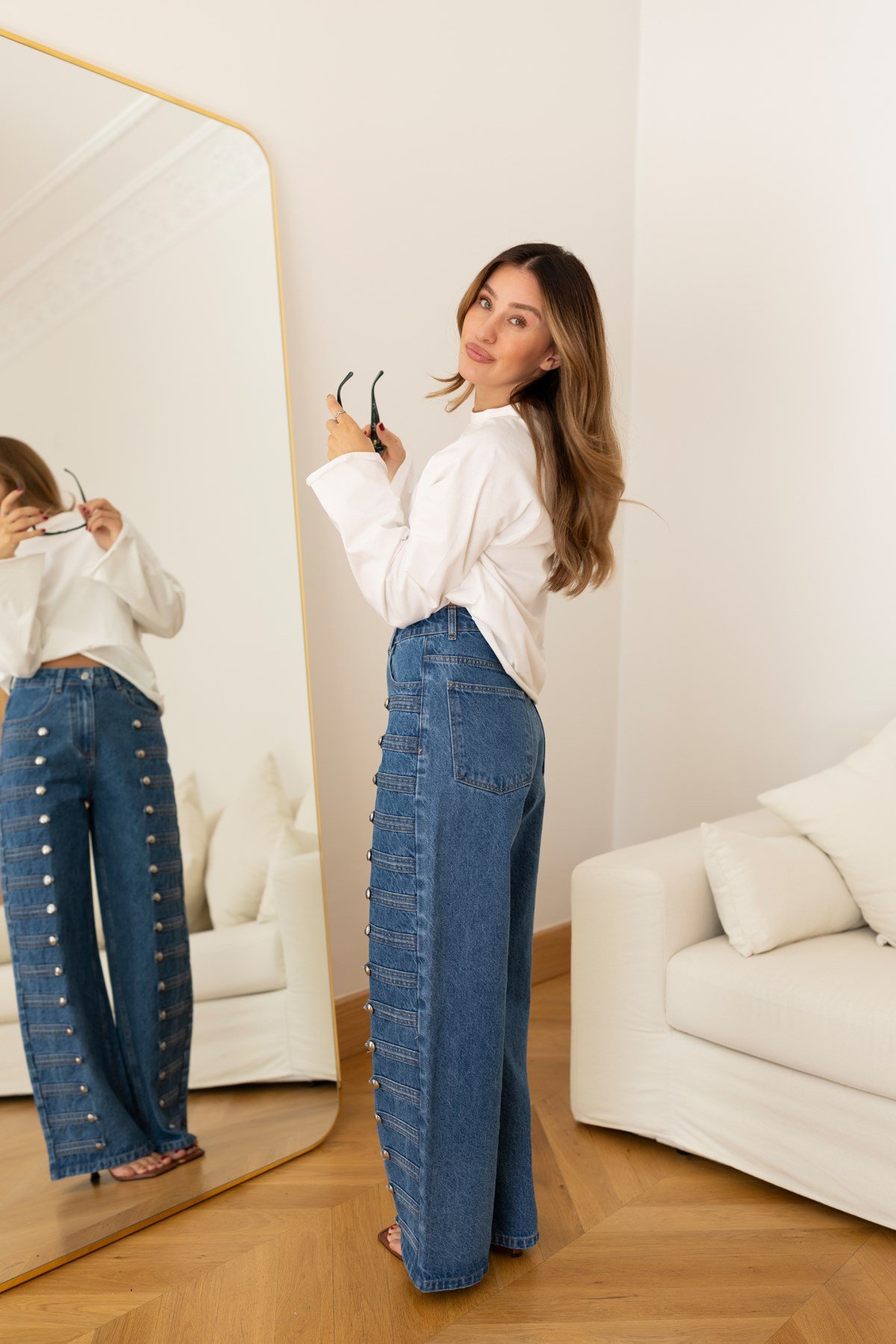 Klasik Jean Rengi Napolyon Düğme Detaylı Jean Pantolon