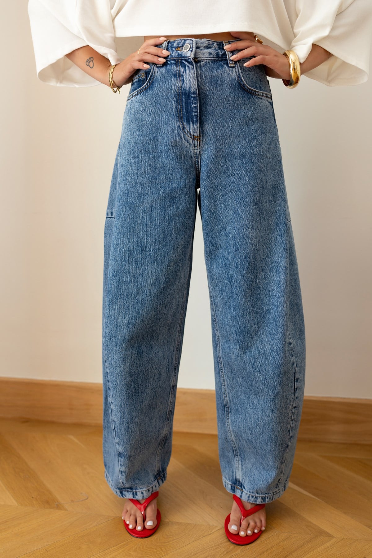 Klasik Jean Rengi Taşlamalı Slouchy Jean Pantolon
