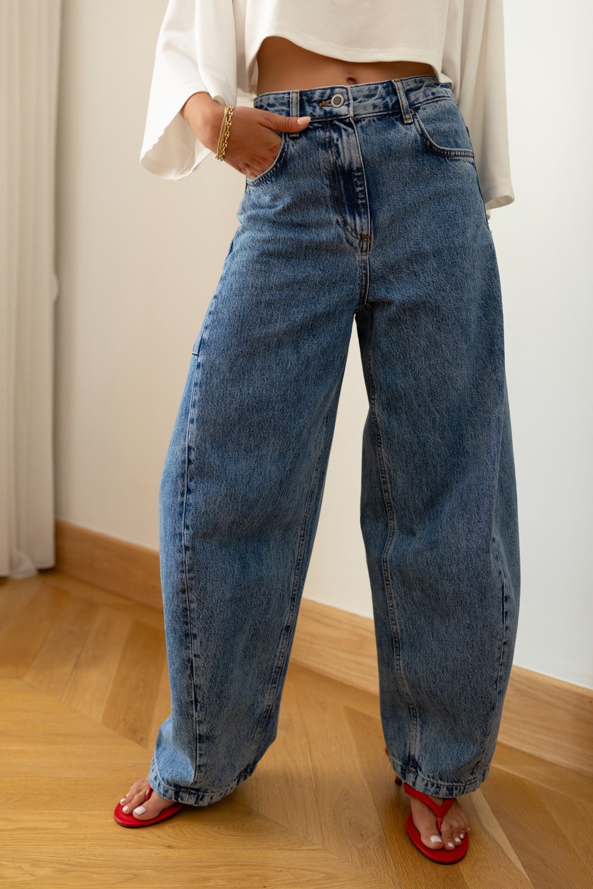 Klasik Jean Rengi Taşlamalı Slouchy Jean Pantolon