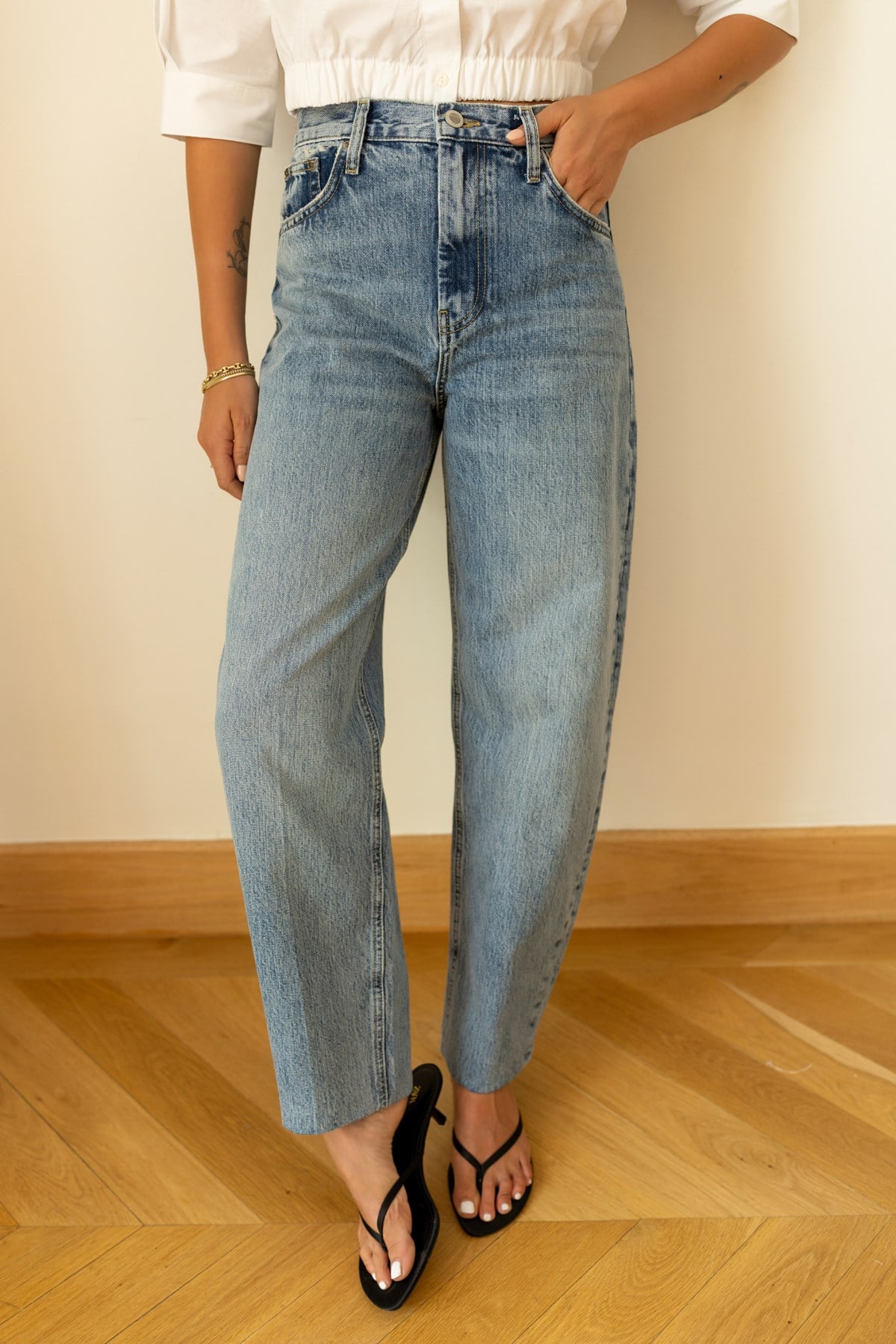 Klasik Jean Rengi Taşlamalı Slouchy Jean Pantolon