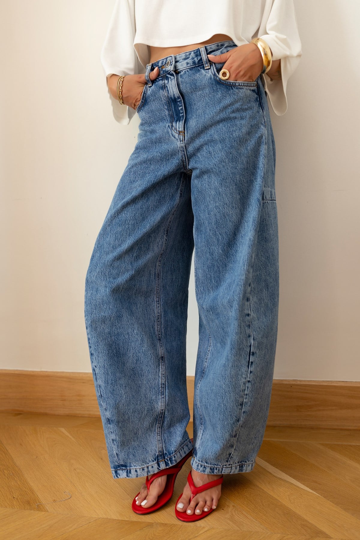 Klasik Jean Rengi Taşlamalı Slouchy Jean Pantolon