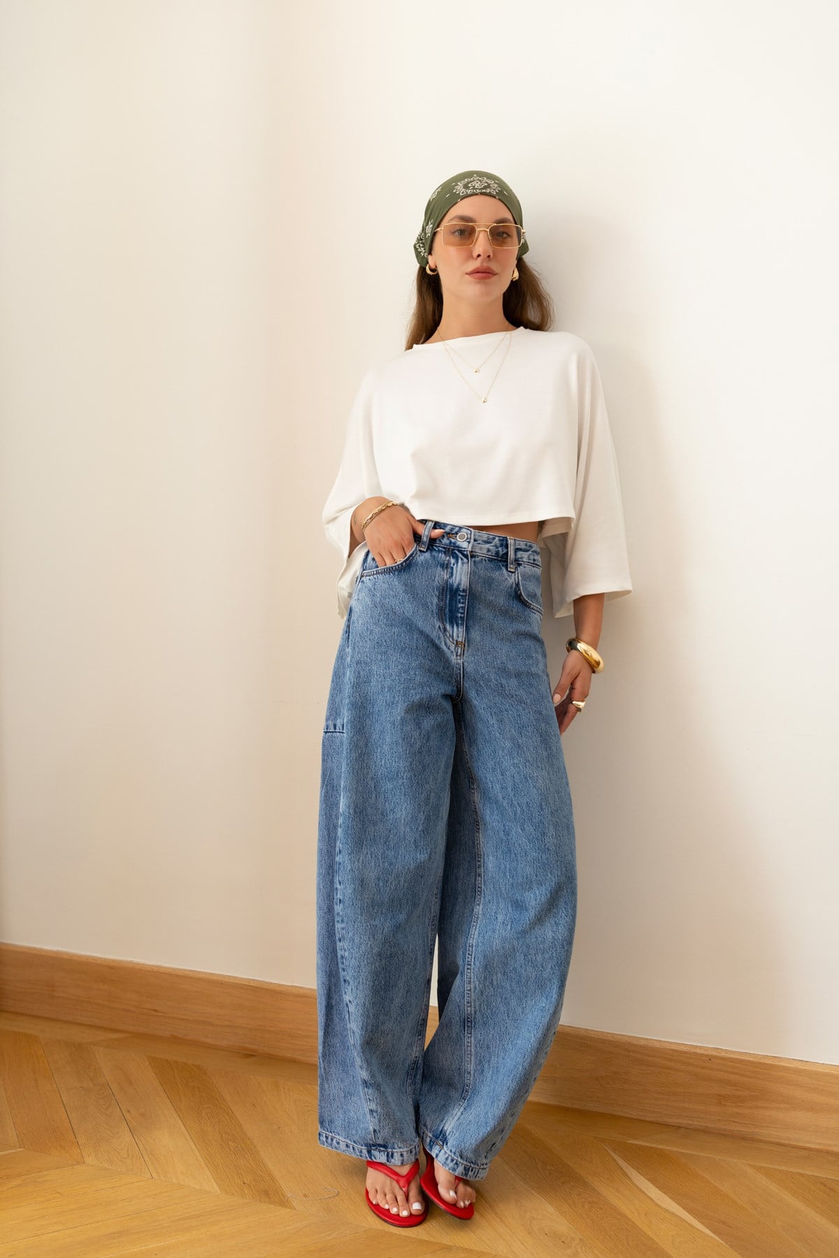 Klasik Jean Rengi Taşlamalı Slouchy Jean Pantolon