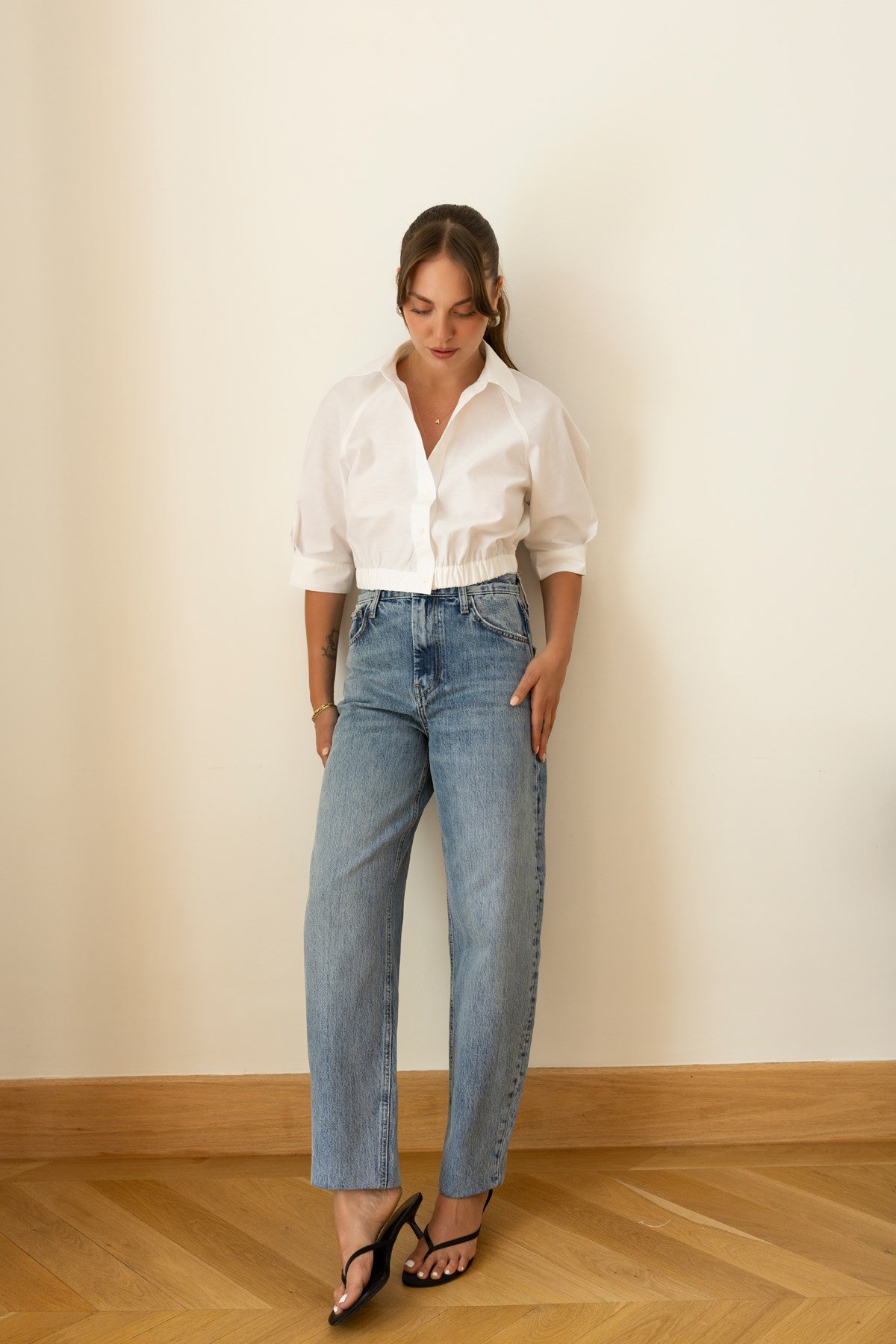 Klasik Jean Rengi Taşlamalı Slouchy Jean Pantolon