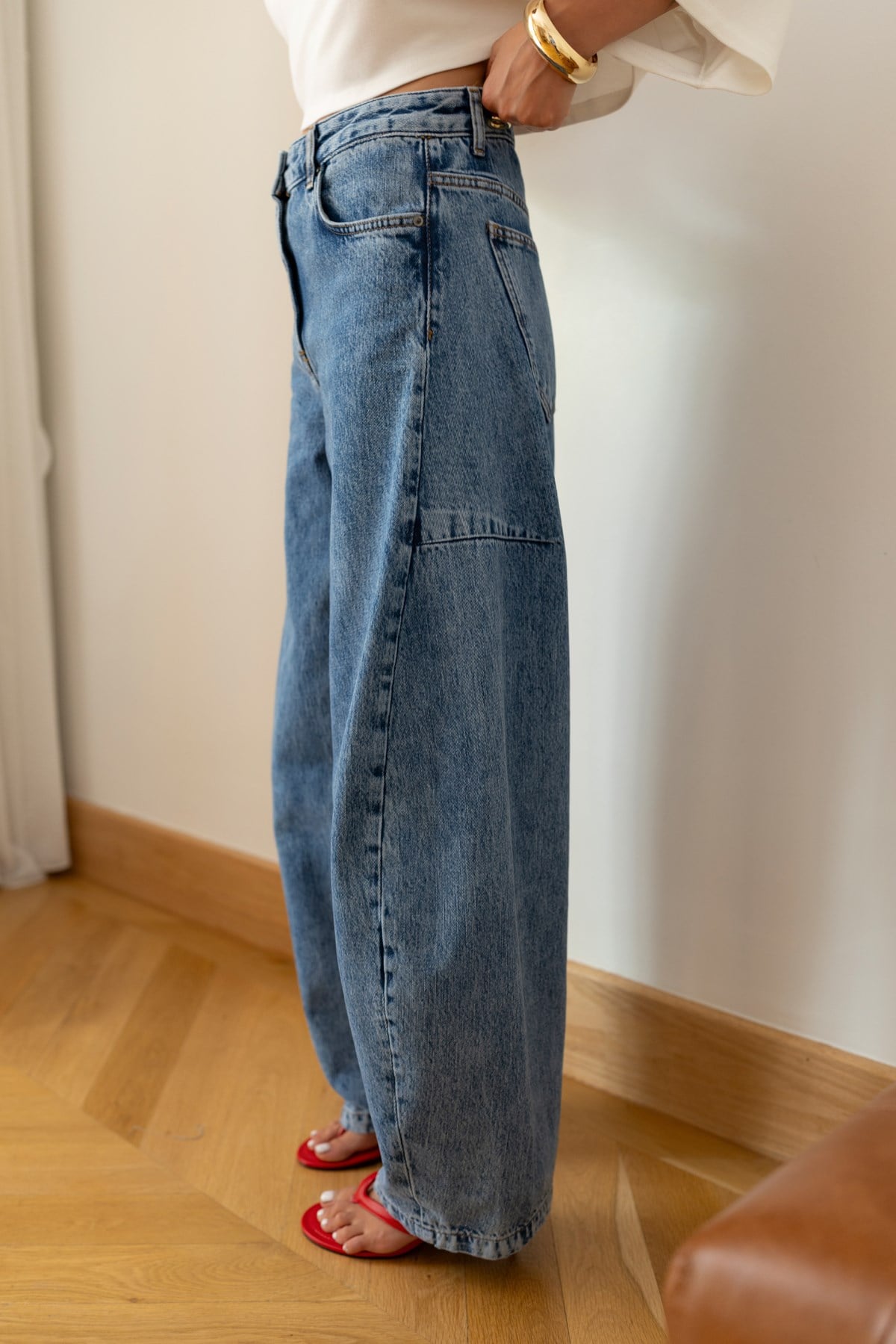 Klasik Jean Rengi Taşlamalı Slouchy Jean Pantolon