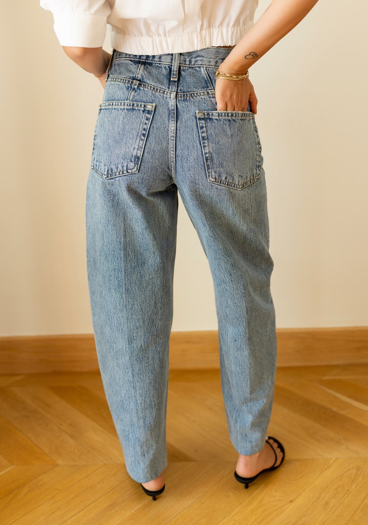 Klasik Jean Rengi Taşlamalı Slouchy Jean Pantolon