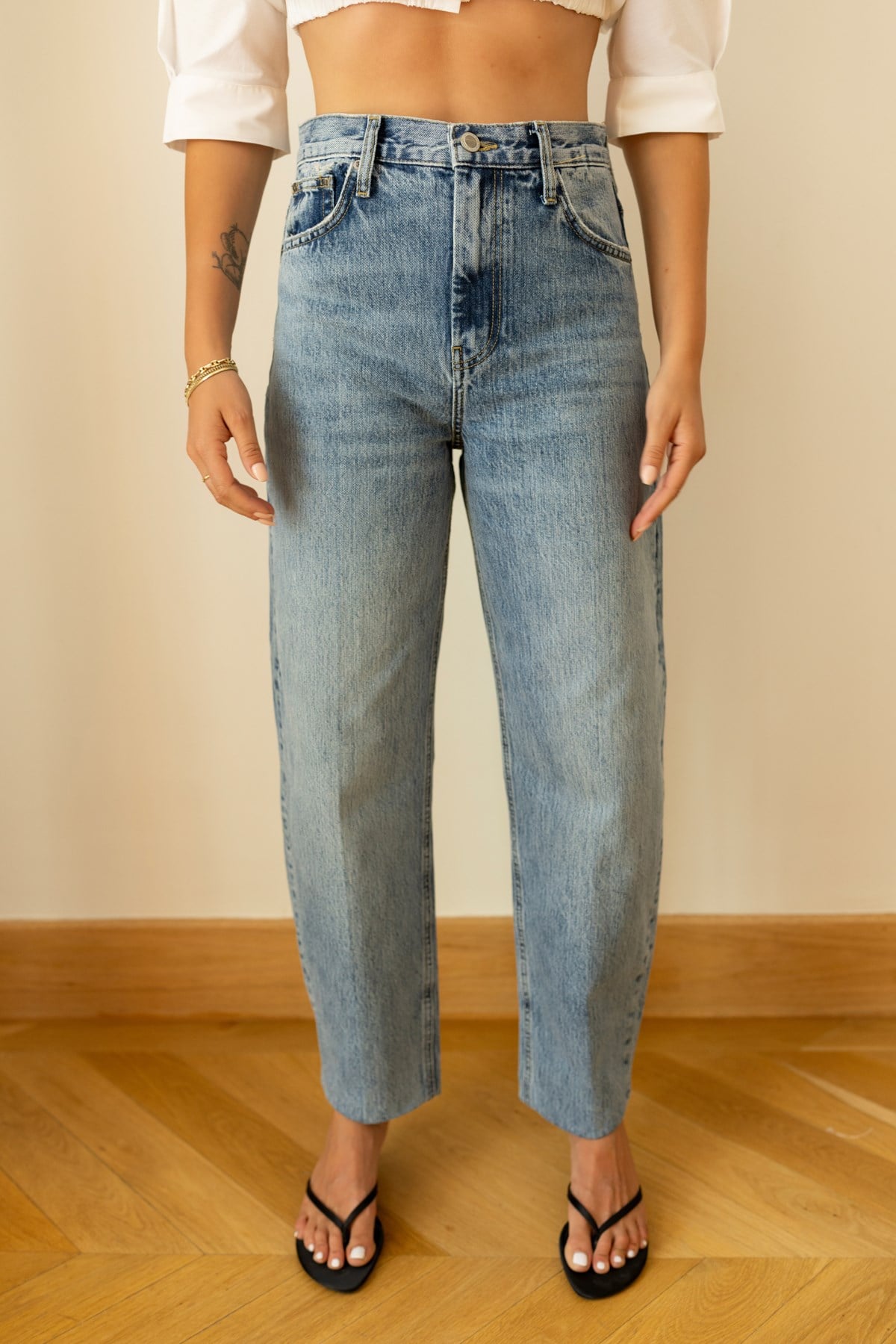 Klasik Jean Rengi Taşlamalı Slouchy Jean Pantolon