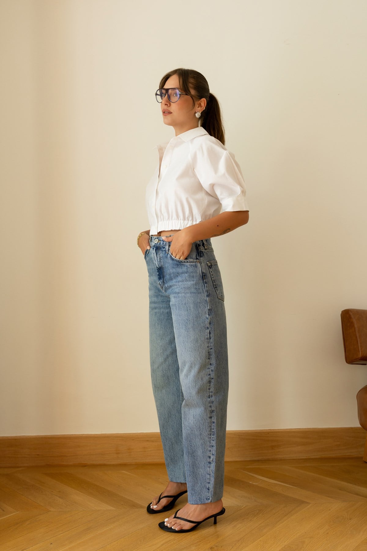 Klasik Jean Rengi Taşlamalı Slouchy Jean Pantolon