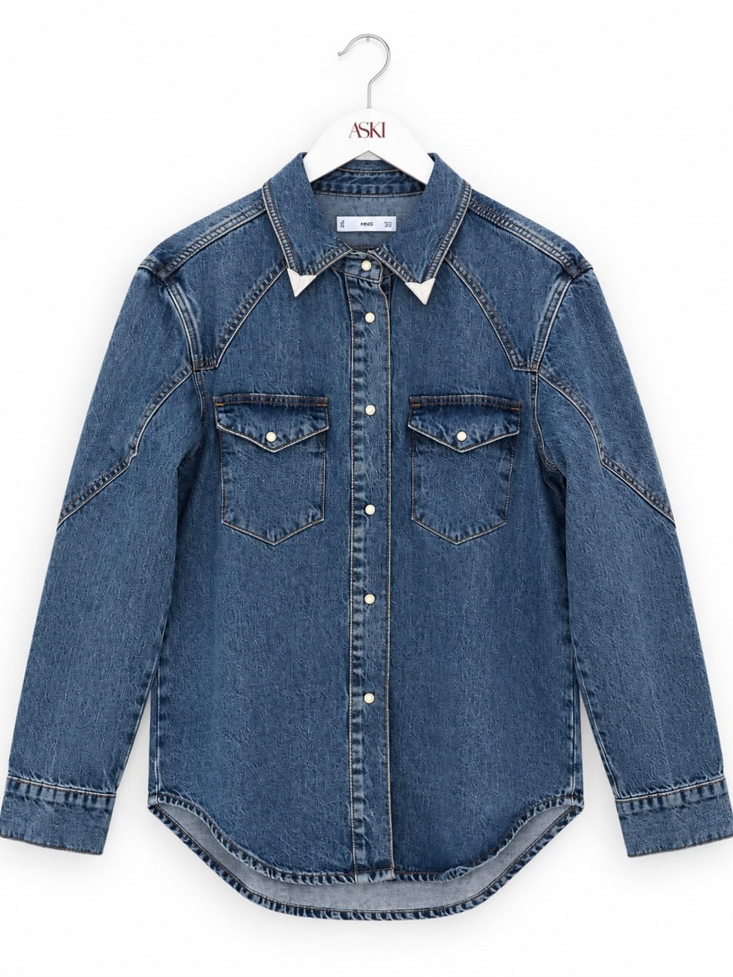 Klasik Jean Rengi Yaka Detaylı İki Cepli Çıt Çıt Düğmeli Denim Gömlek