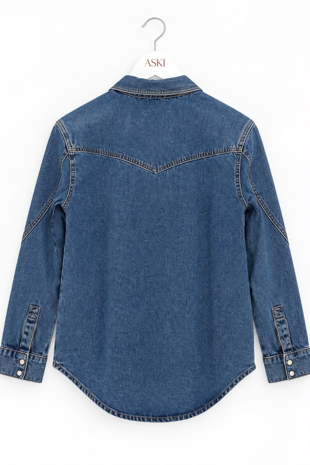 Klasik Jean Rengi Yaka Detaylı İki Cepli Çıt Çıt Düğmeli Denim Gömlek