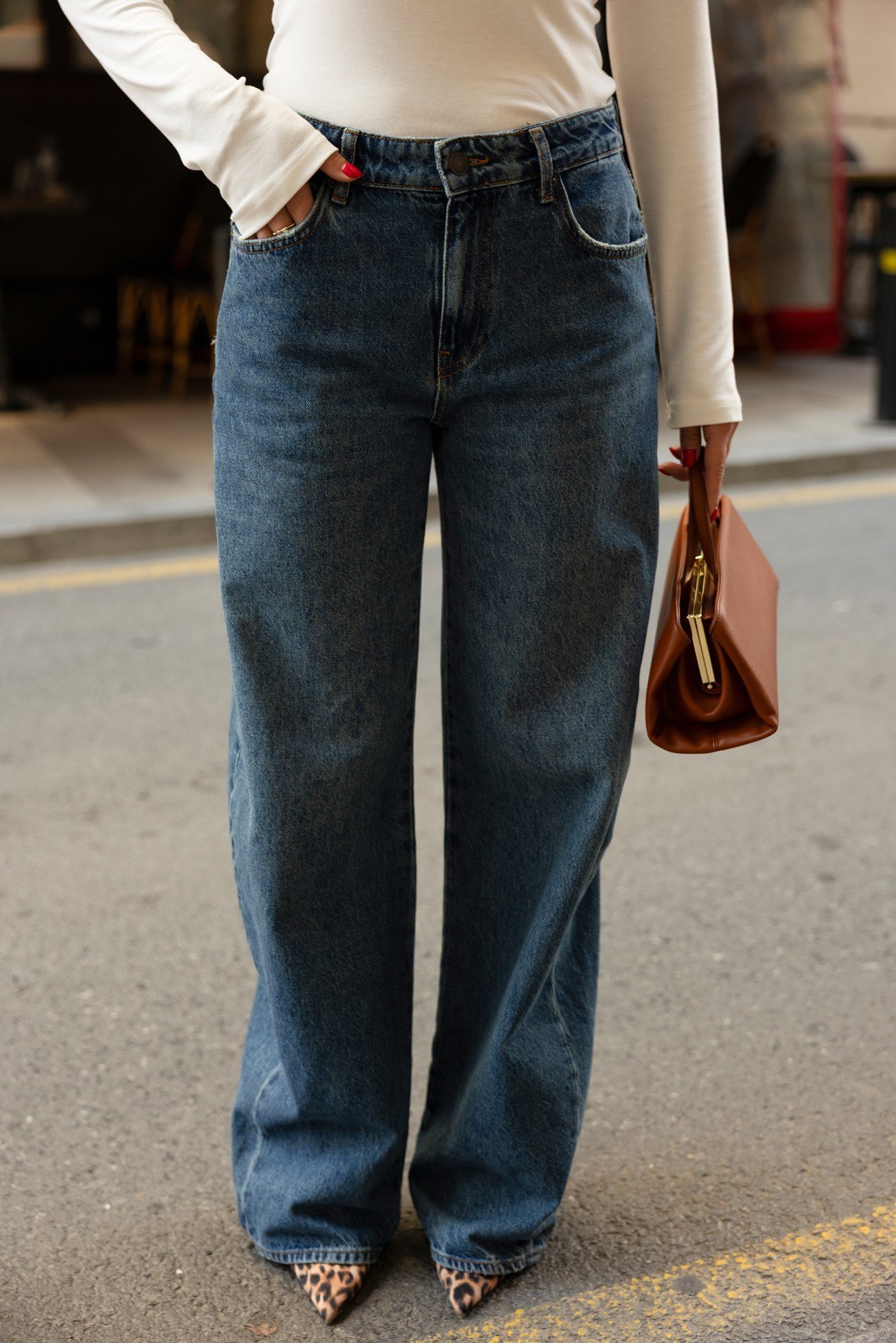 Klasik Jean Rengi Yüksek Bel Arkadan Dikiş Detaylı Slouchy Jean Pantolon