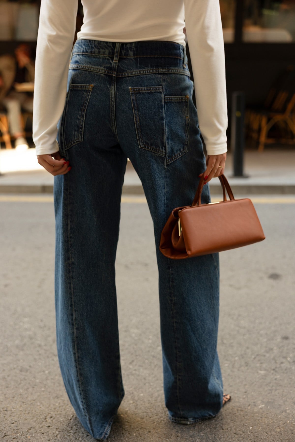 Klasik Jean Rengi Yüksek Bel Arkadan Dikiş Detaylı Slouchy Jean Pantolon