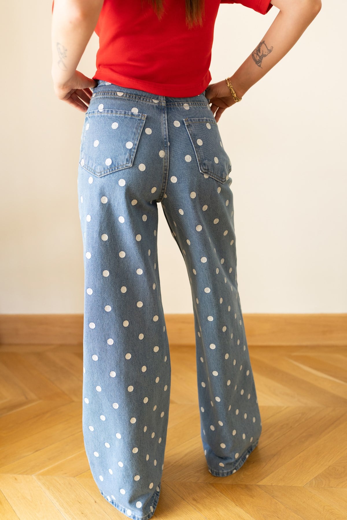Klasik Jean Rengi Yüksek Bel Puantiyeli Palazzo Jean Pantolon