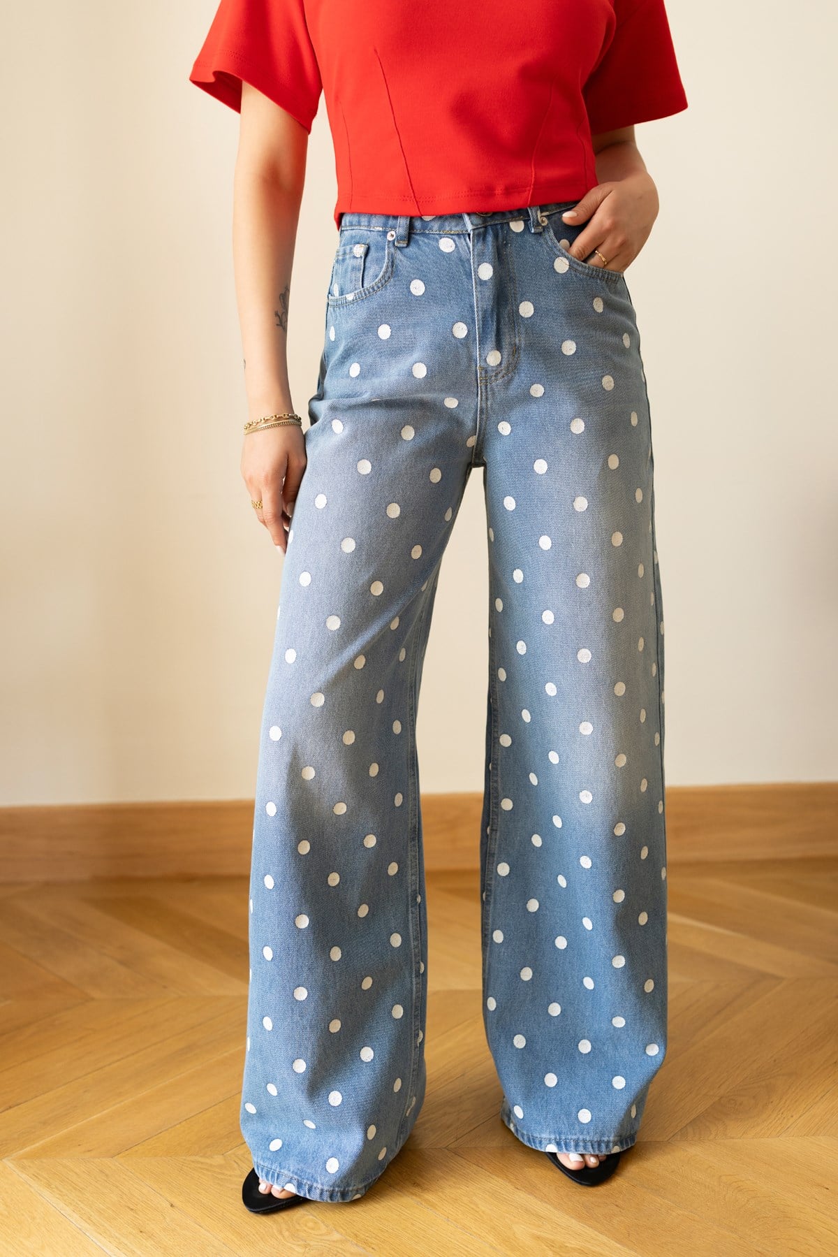 Klasik Jean Rengi Yüksek Bel Puantiyeli Palazzo Jean Pantolon