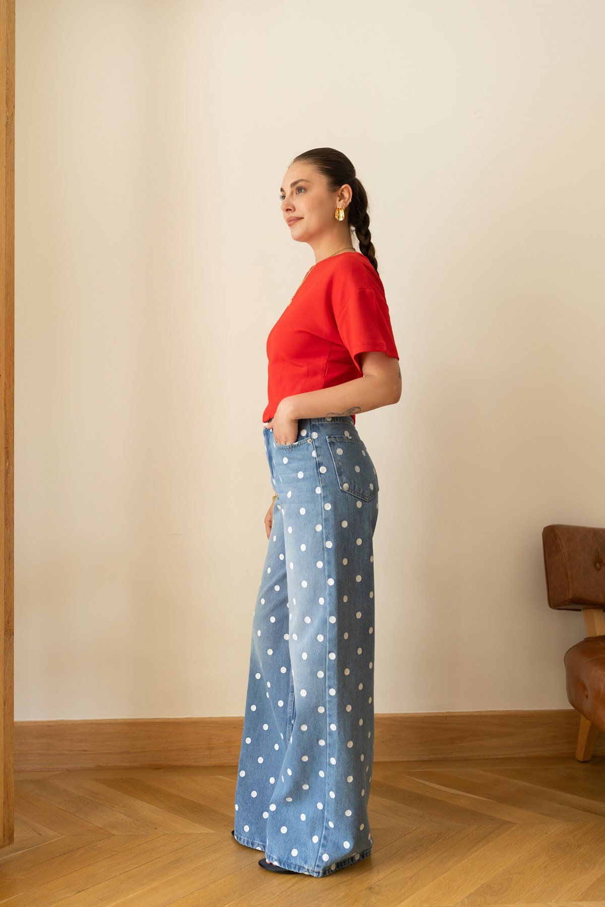 Klasik Jean Rengi Yüksek Bel Puantiyeli Palazzo Jean Pantolon