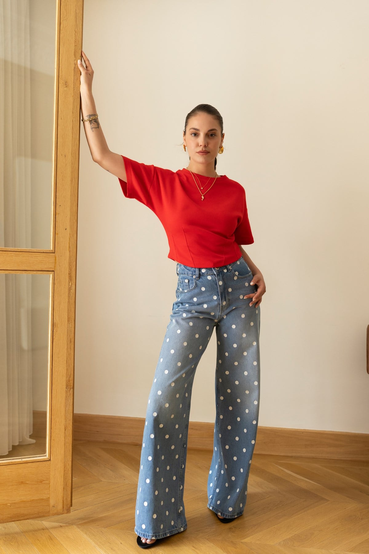 Klasik Jean Rengi Yüksek Bel Puantiyeli Palazzo Jean Pantolon