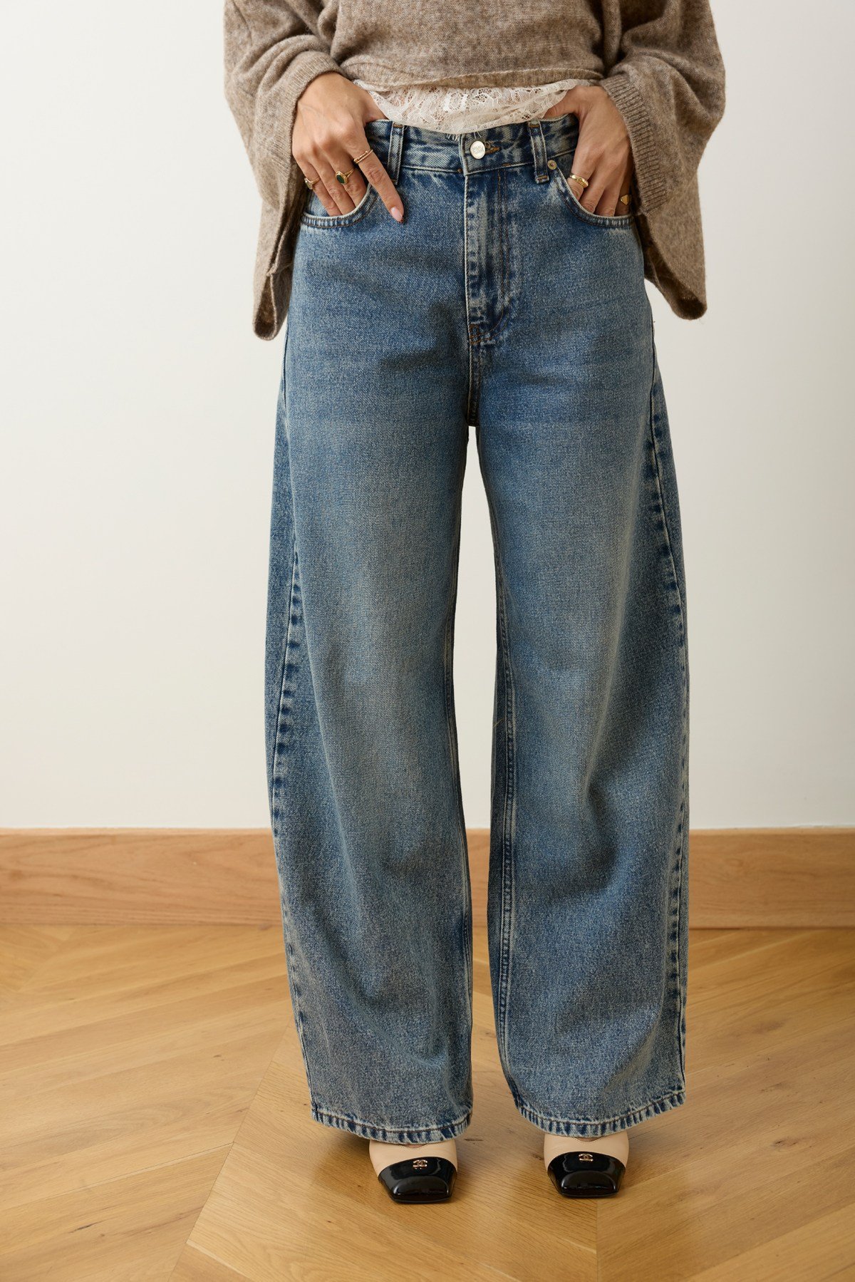 Klasik Jean Rengi Yüksek Bel Taşlama Detaylı Baggy Jean Pantolon