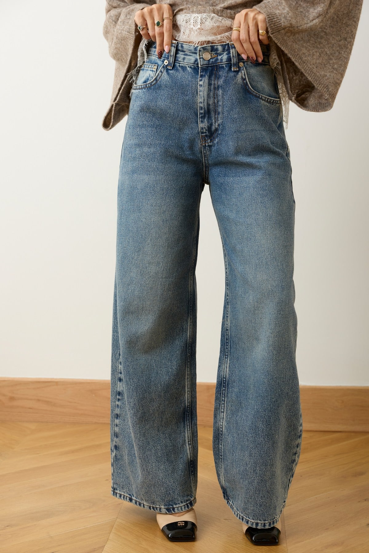 Klasik Jean Rengi Yüksek Bel Taşlama Detaylı Baggy Jean Pantolon