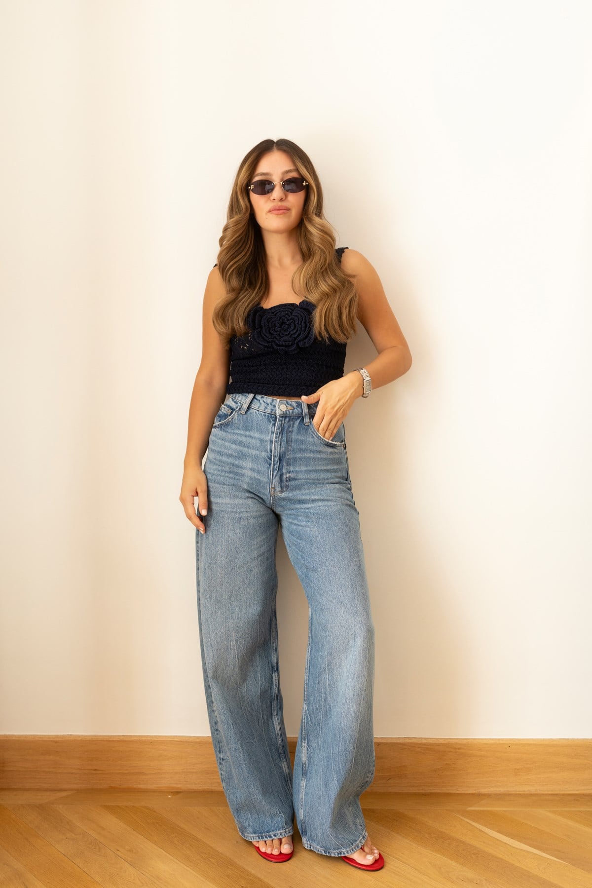 Klasik Jean Rengi Yüksek Bel Taşlamalı Palazzo Jean Pantolon