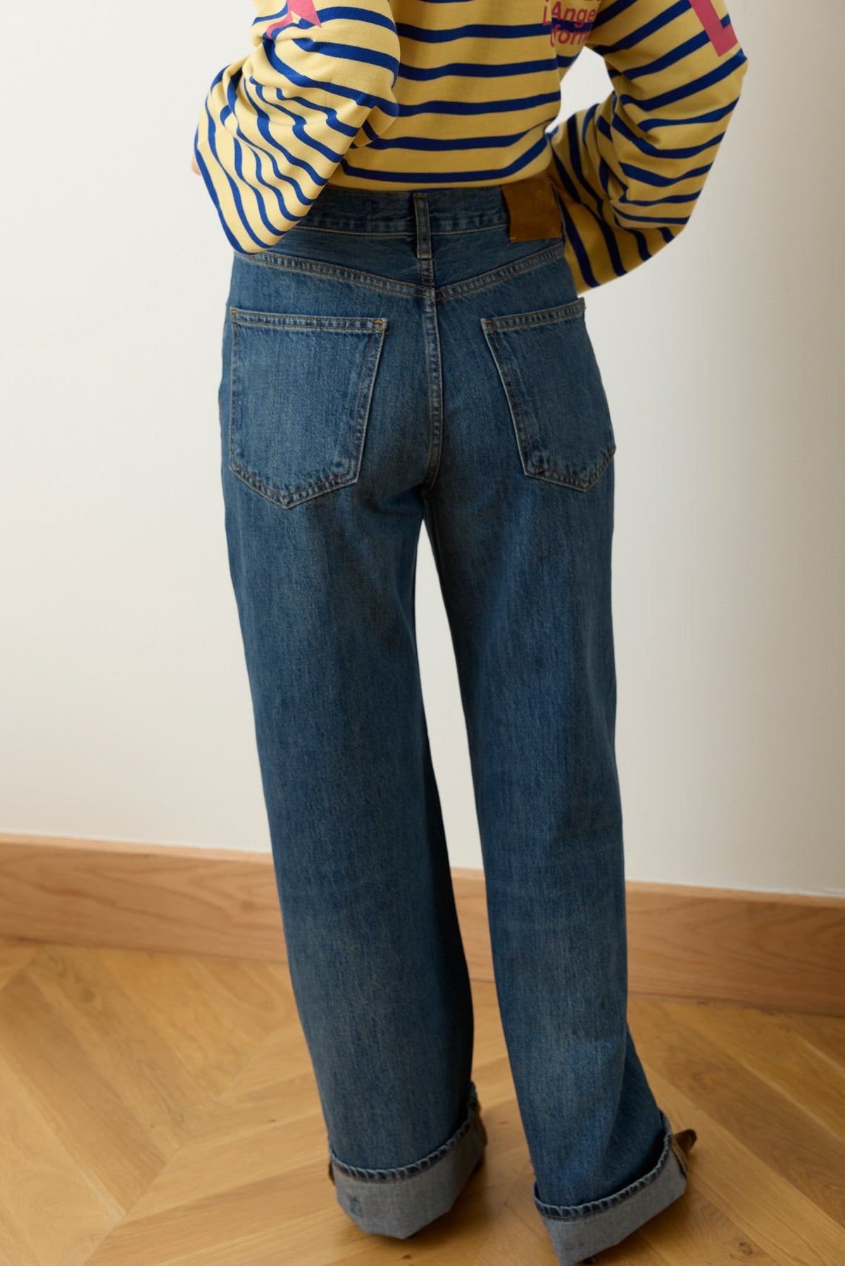 Klasik Jean Rengi Yüksek Bel Taşlamalı Palazzo Jean Pantolon