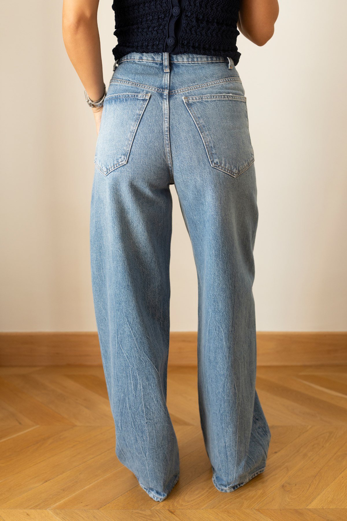 Klasik Jean Rengi Yüksek Bel Taşlamalı Palazzo Jean Pantolon