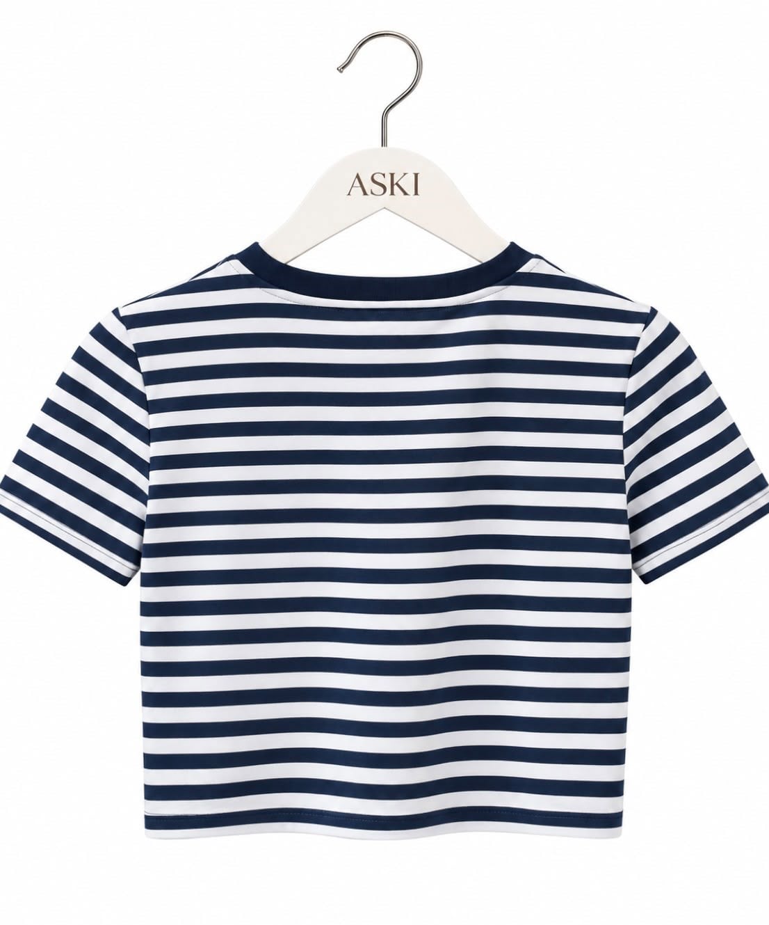 Koyu Lacivert Bisiklet Yaka Çizgili Crop T-Shirt