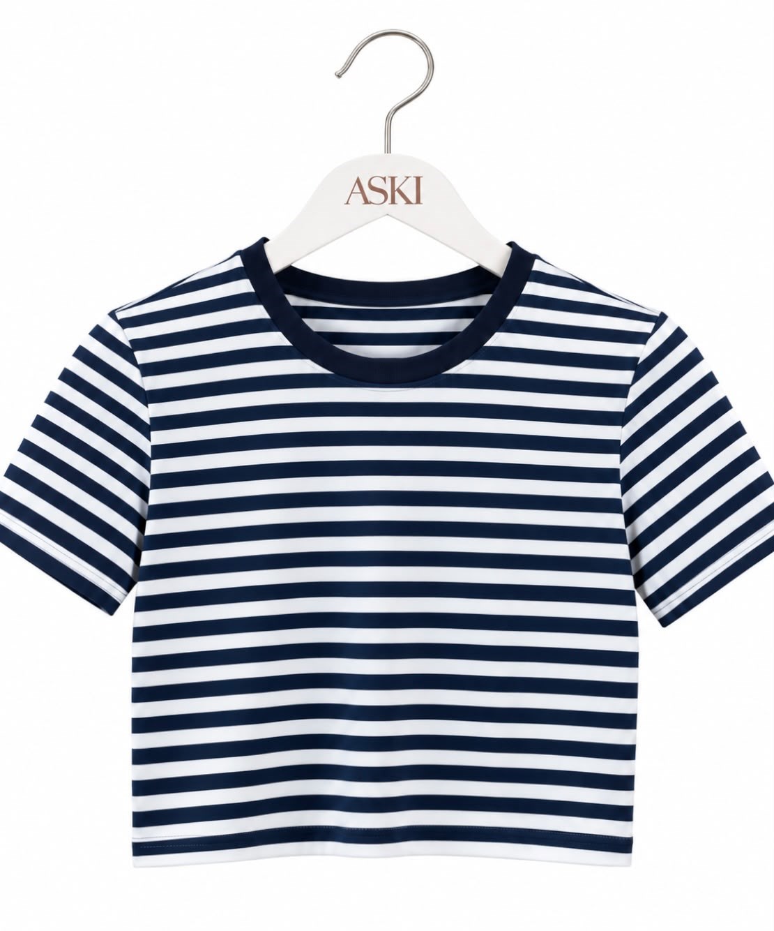 Koyu Lacivert Bisiklet Yaka Çizgili Crop T-Shirt