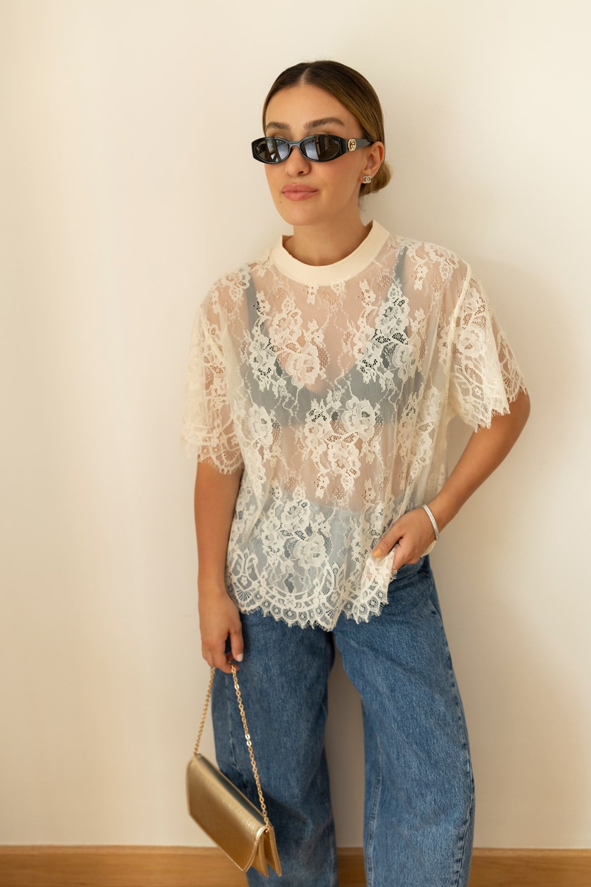 Krem Bisiklet Yaka Dantelli Transparan T-Shirt
