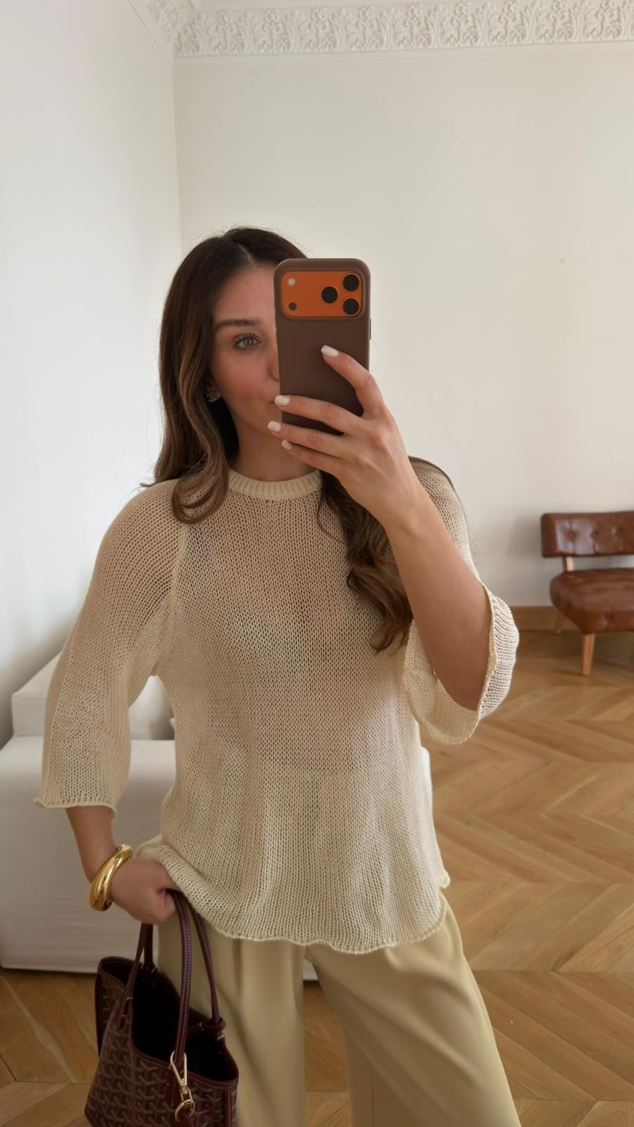 Krem Bisiklet Yaka Örme Triko