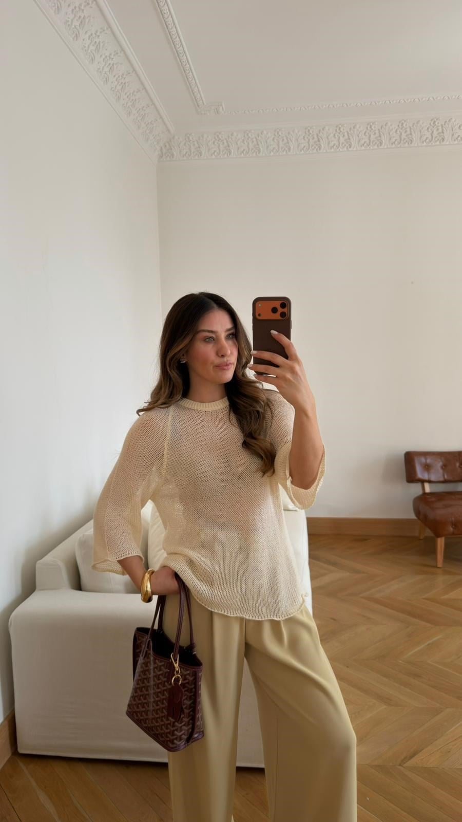 Krem Bisiklet Yaka Örme Triko