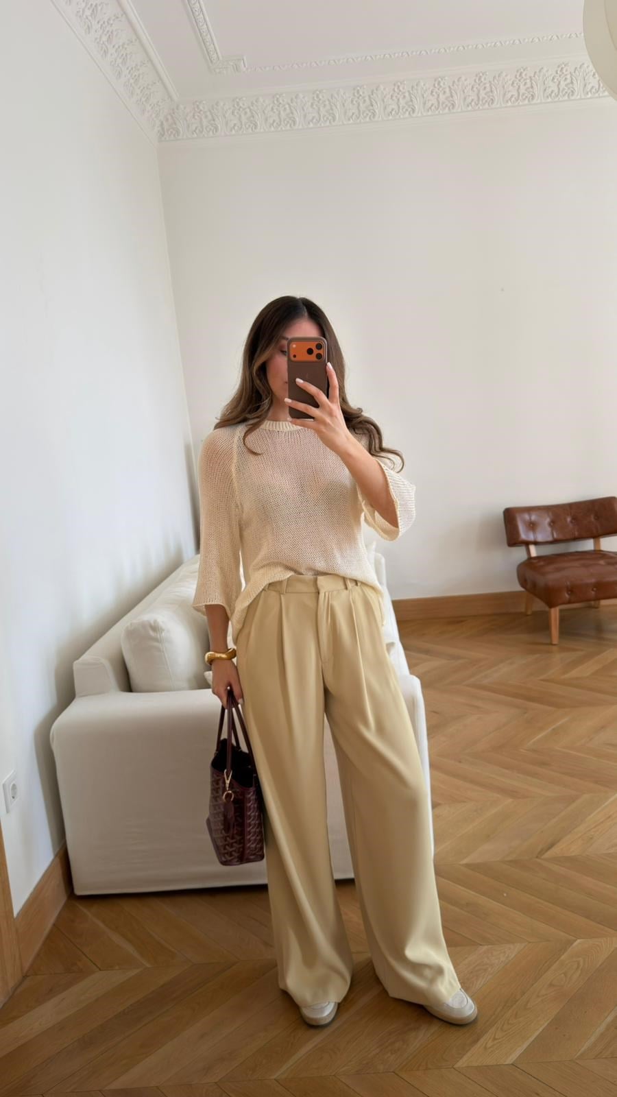 Krem Bisiklet Yaka Örme Triko