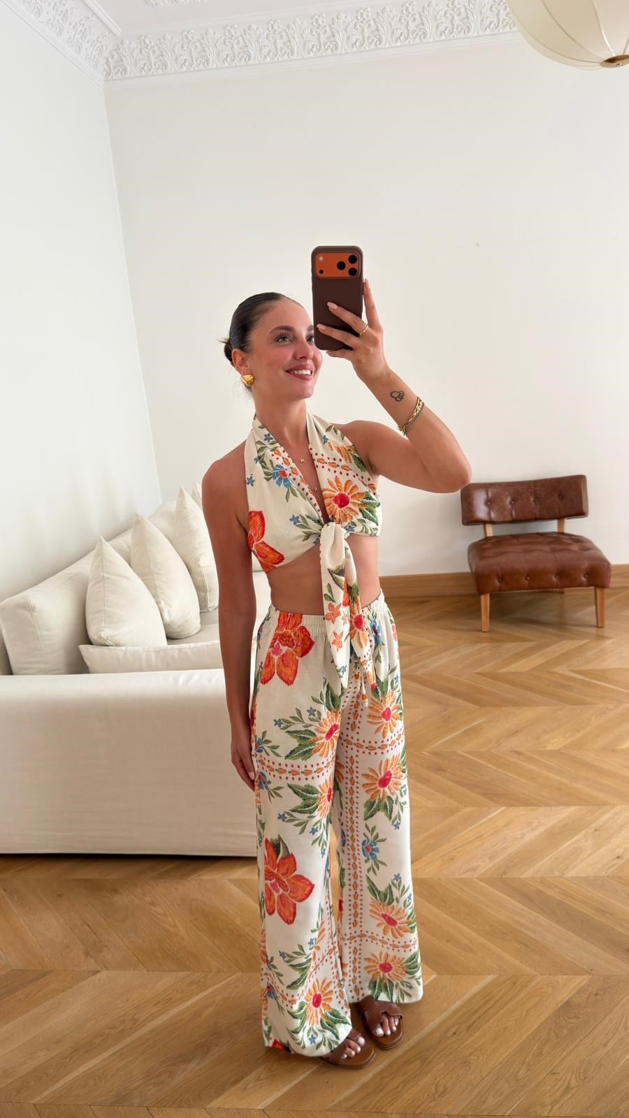 Krem Çiçek Desenli Crop Pantolon Takım